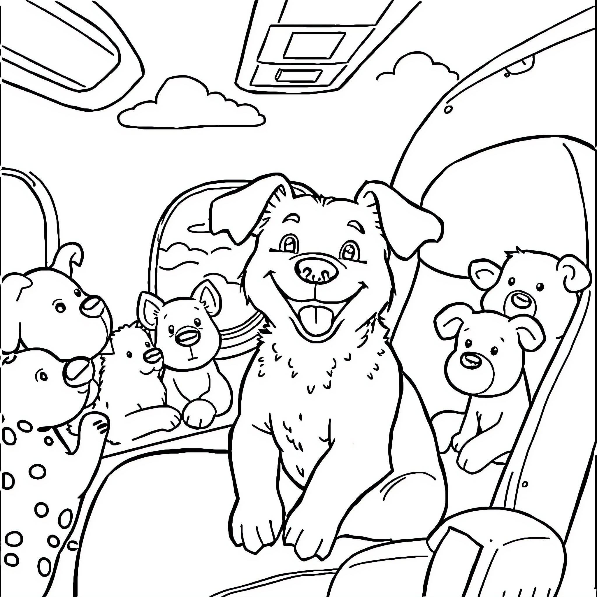 Dog and animal friends in a playful scene Coloring Page (free black-and-white line drawing printable PDF for all, from beginners to advanced learners, including children, teens, adults, and seniors)