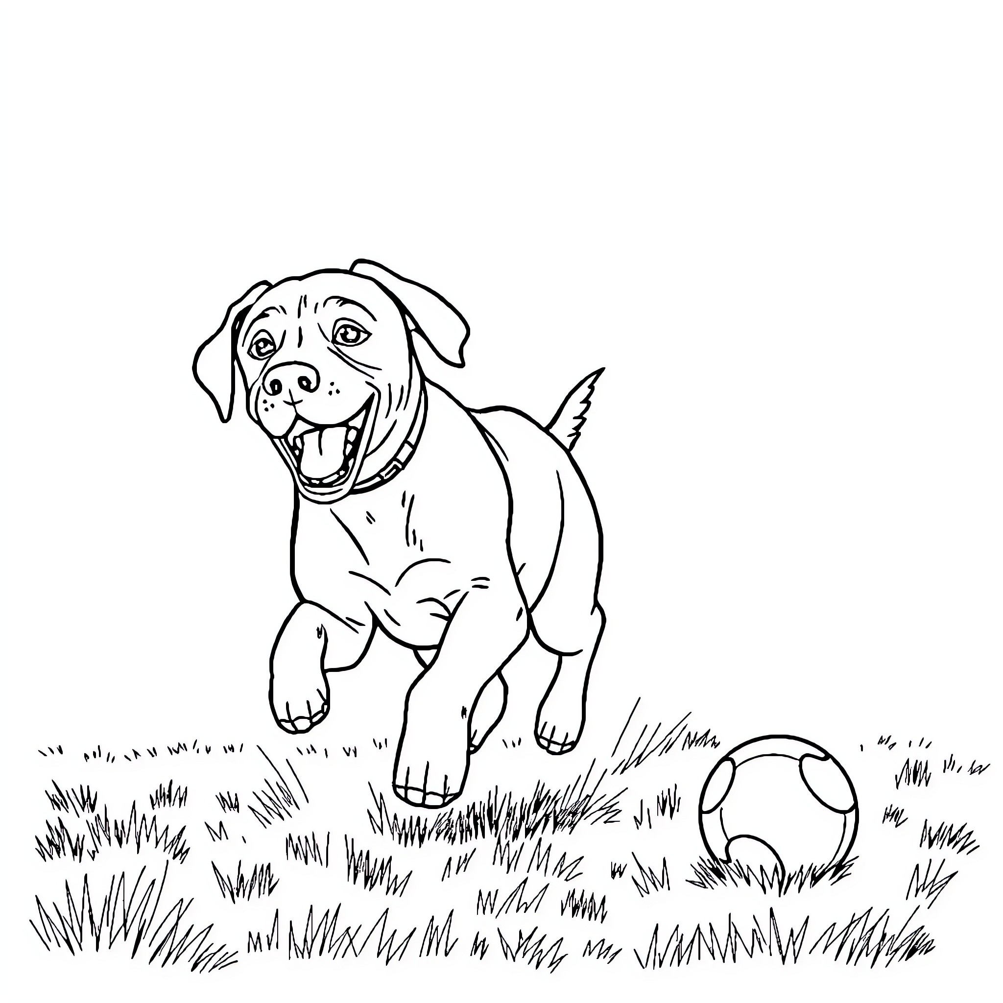 Labrador puppy playing with toy in grassy field Coloring Page (free black-and-white line drawing printable PDF for all, from beginners to advanced learners, including children, teens, adults, and seniors)