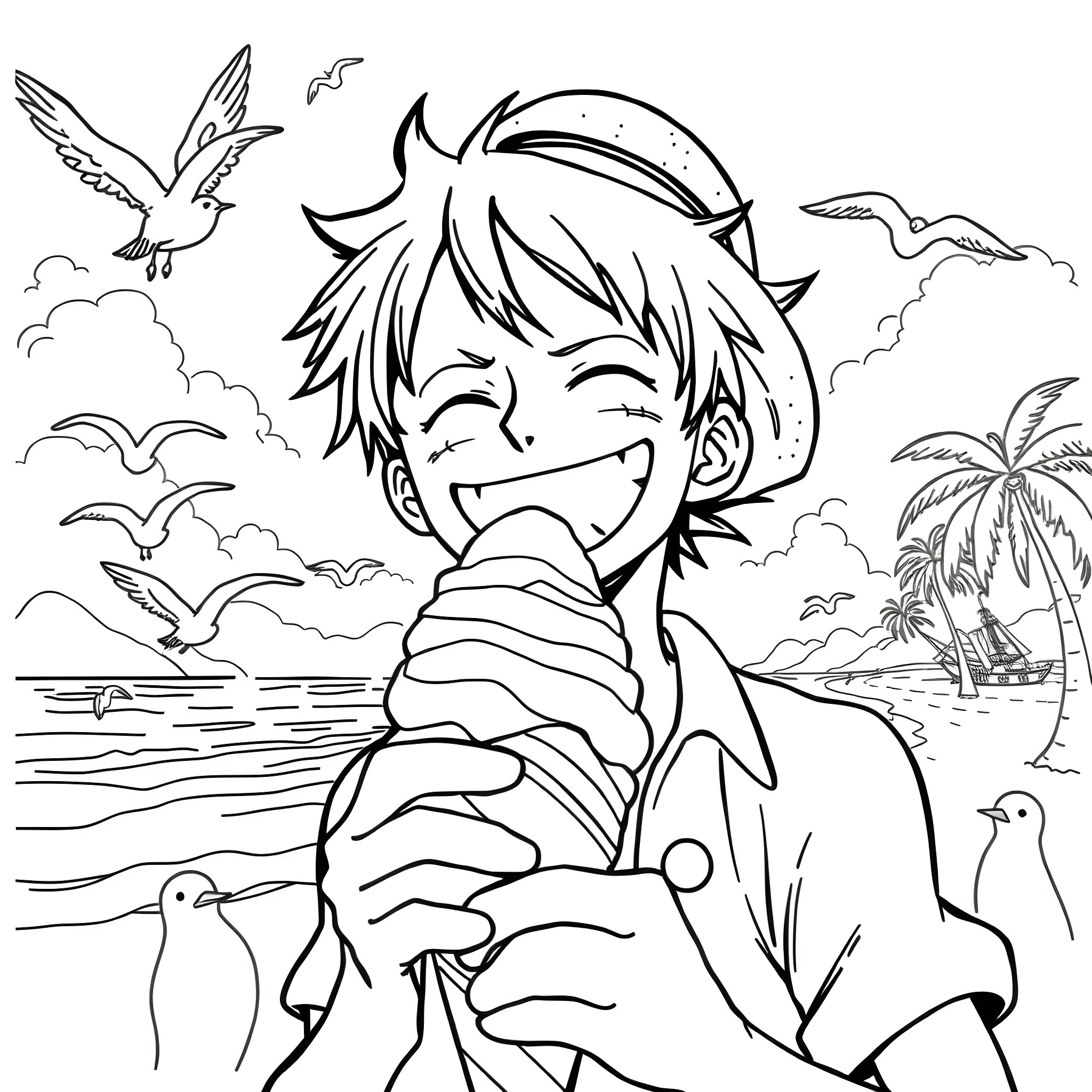 Monkey D Luffy enjoying the tropical beach with birds Coloring Page (free black-and-white line drawing printable PDF for all, from beginners to advanced learners, including children, teens, adults, and seniors)
