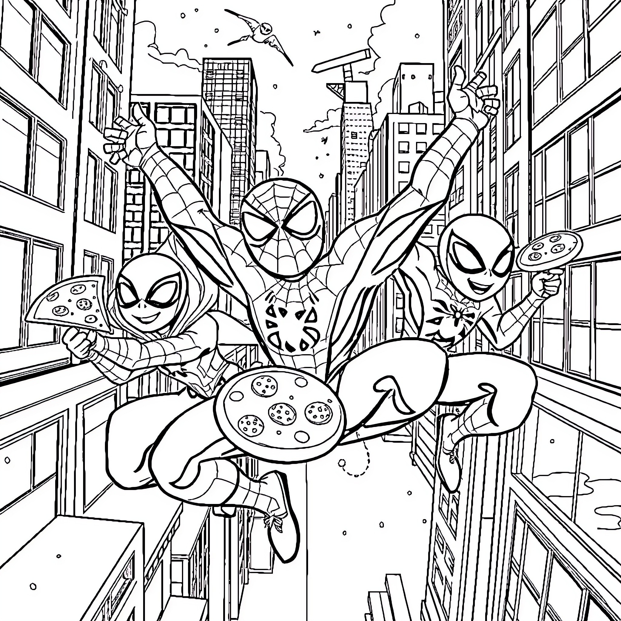 Spidy and Alien Superheroes Saving the City Coloring Page (free black-and-white line drawing printable PDF for all, from beginners to advanced learners, including children, teens, adults, and seniors)