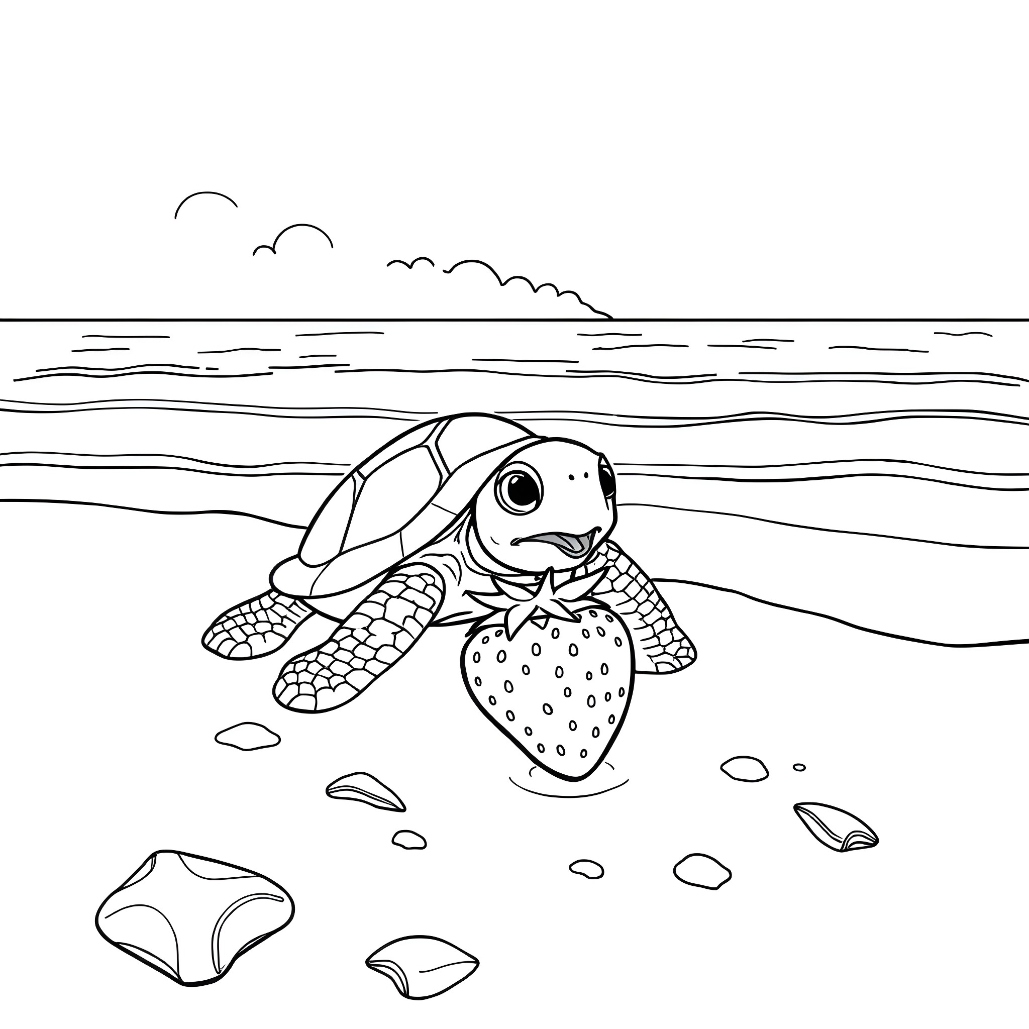Turtle swimming through ocean waves Coloring Page (free black-and-white line drawing printable PDF for all, from beginners to advanced learners, including children, teens, adults, and seniors)
