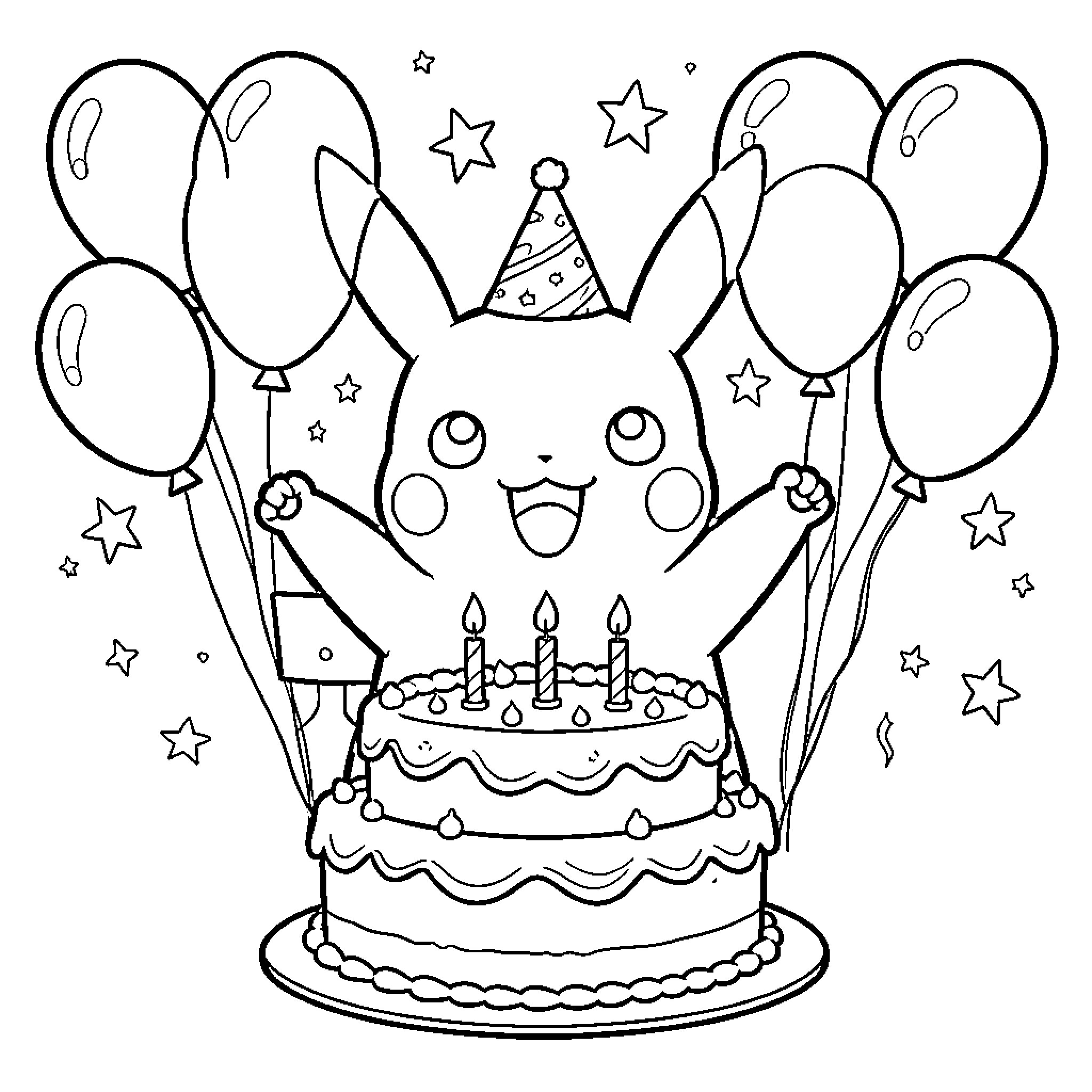 Pikachu celebrates birthday with cake and balloons Coloring Page (free black-and-white line drawing printable PDF for all, from beginners to advanced learners, including children, teens, adults, and seniors)