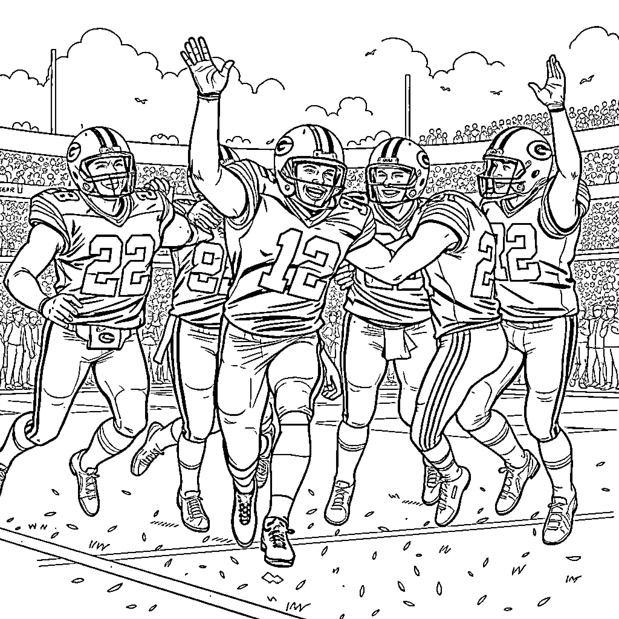 Packers Celebrating Victory on Football Field Coloring Page (free black-and-white line drawing printable PDF for all, from beginners to advanced learners, including children, teens, adults, and seniors)