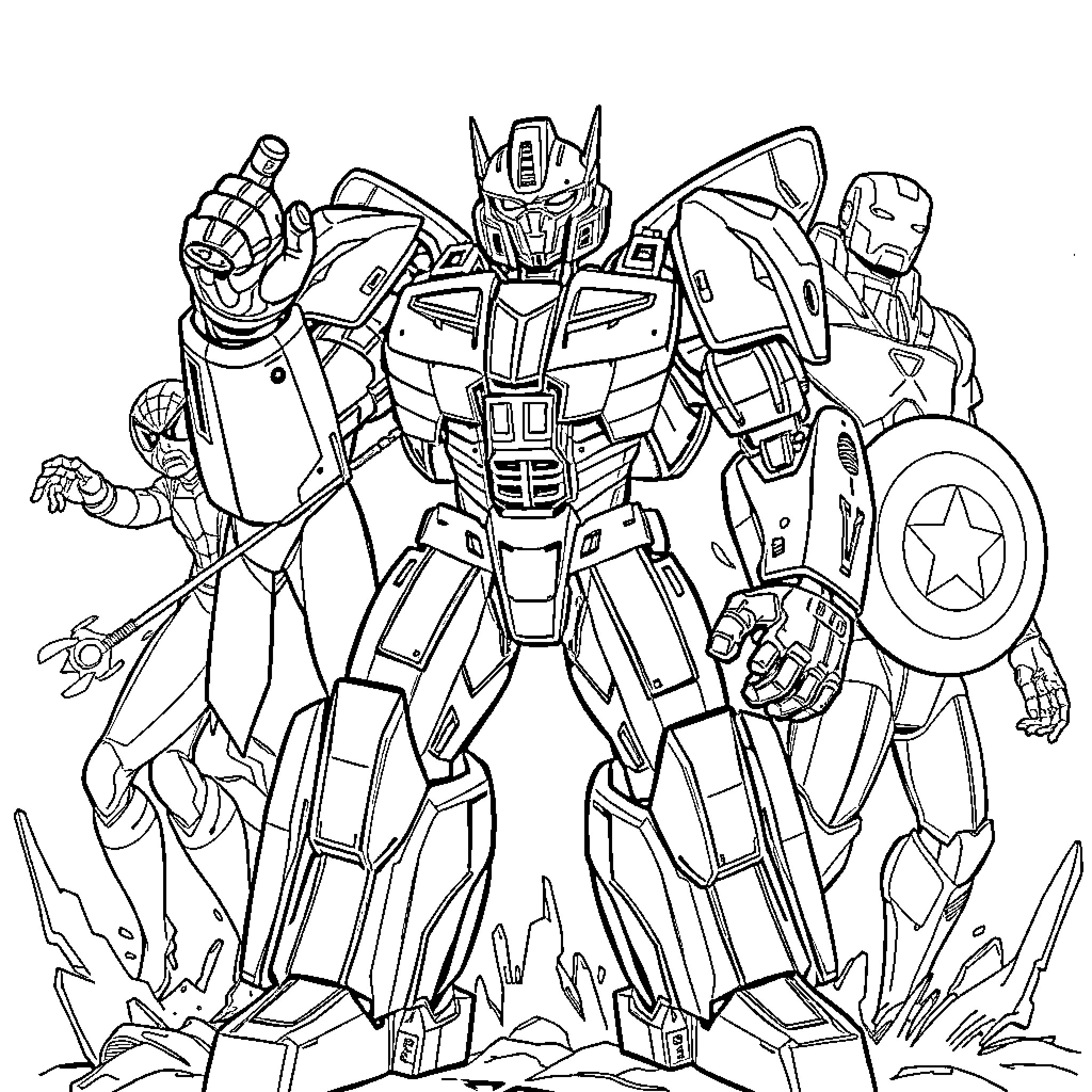 Bumblebee and friends in heroic poses Coloring Page (free black-and-white line drawing printable PDF for all, from beginners to advanced learners, including children, teens, adults, and seniors)
