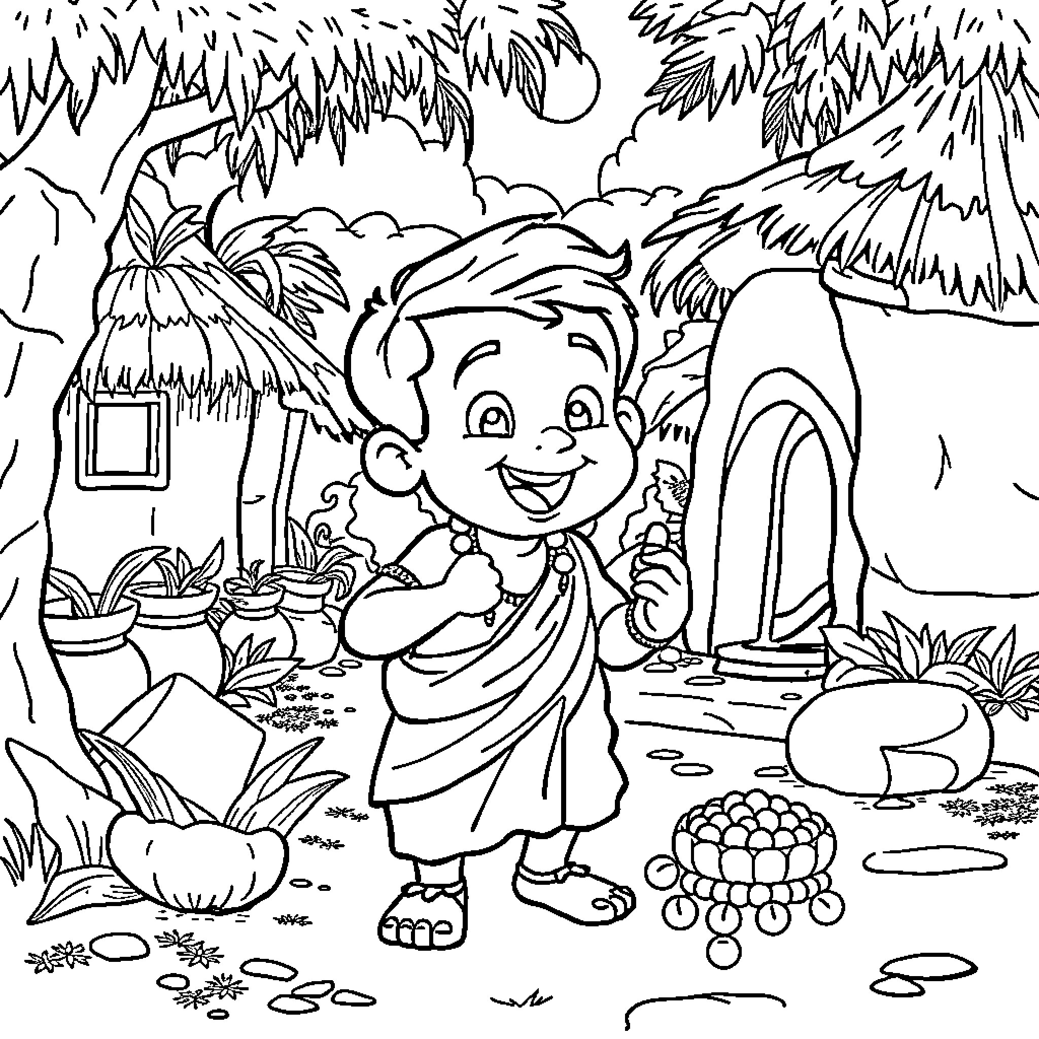 Chota Bheem enjoying his village life Coloring Page (free black-and-white line drawing printable PDF for all, from beginners to advanced learners, including children, teens, adults, and seniors)