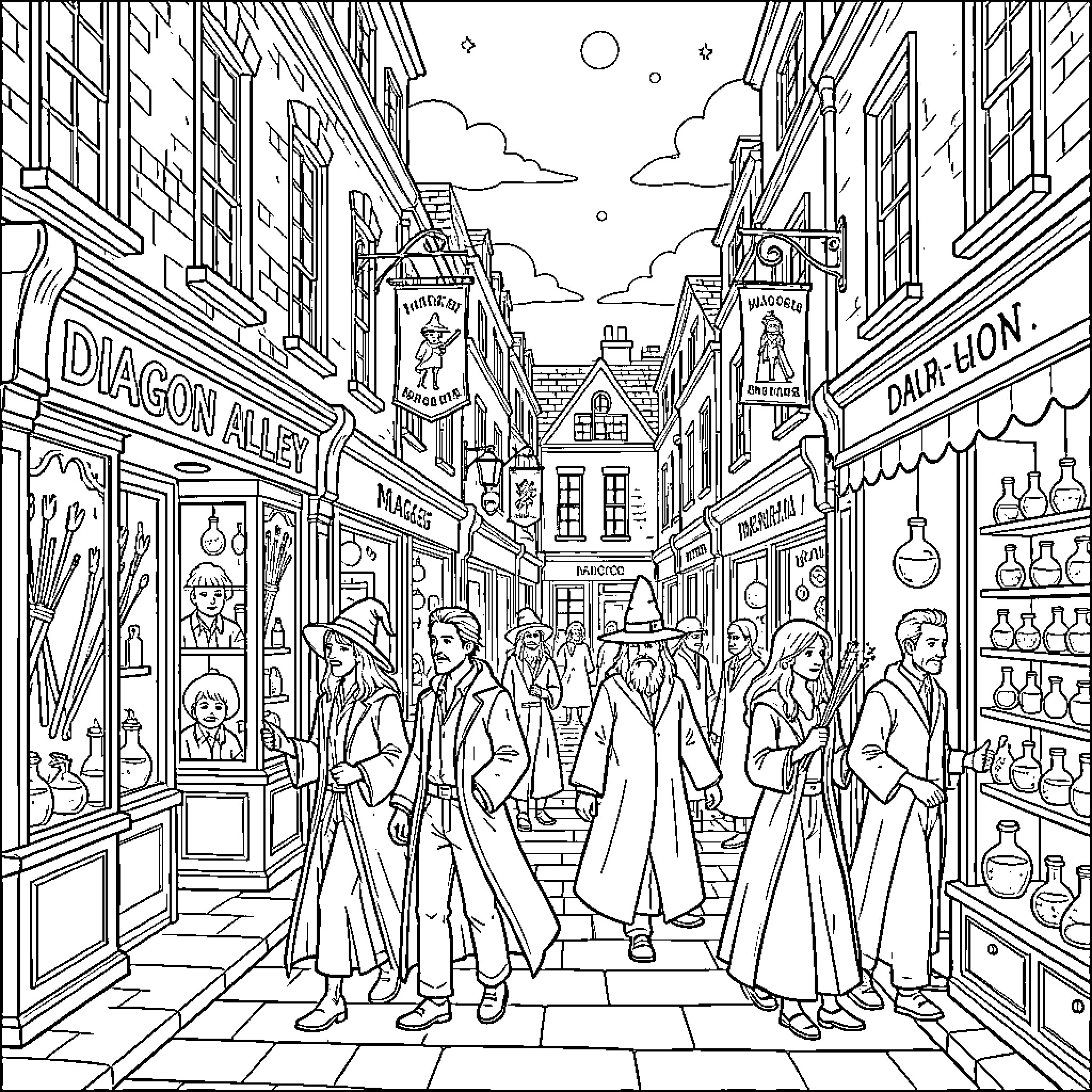 Diagon Alley bustling with magical shops and characters Coloring Page (free black-and-white line drawing printable PDF for all, from beginners to advanced learners, including children, teens, adults, and seniors)