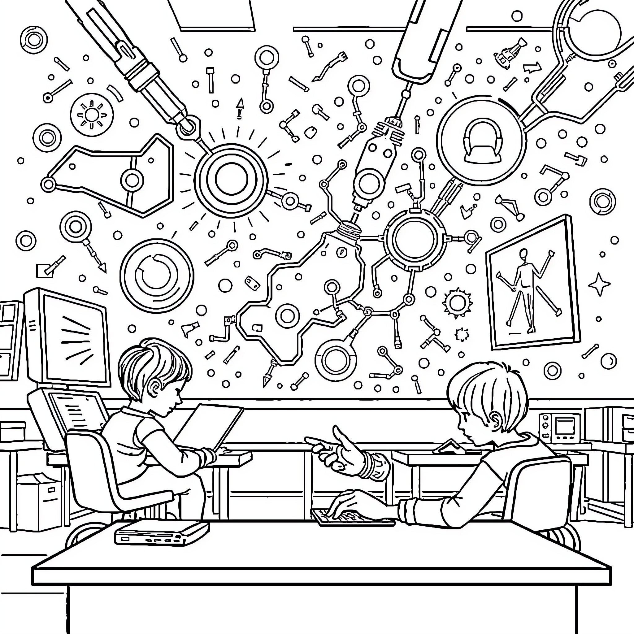 Students studying technological concepts in the classroom Coloring Page (free black-and-white line drawing printable PDF for all, from beginners to advanced learners, including children, teens, adults, and seniors)