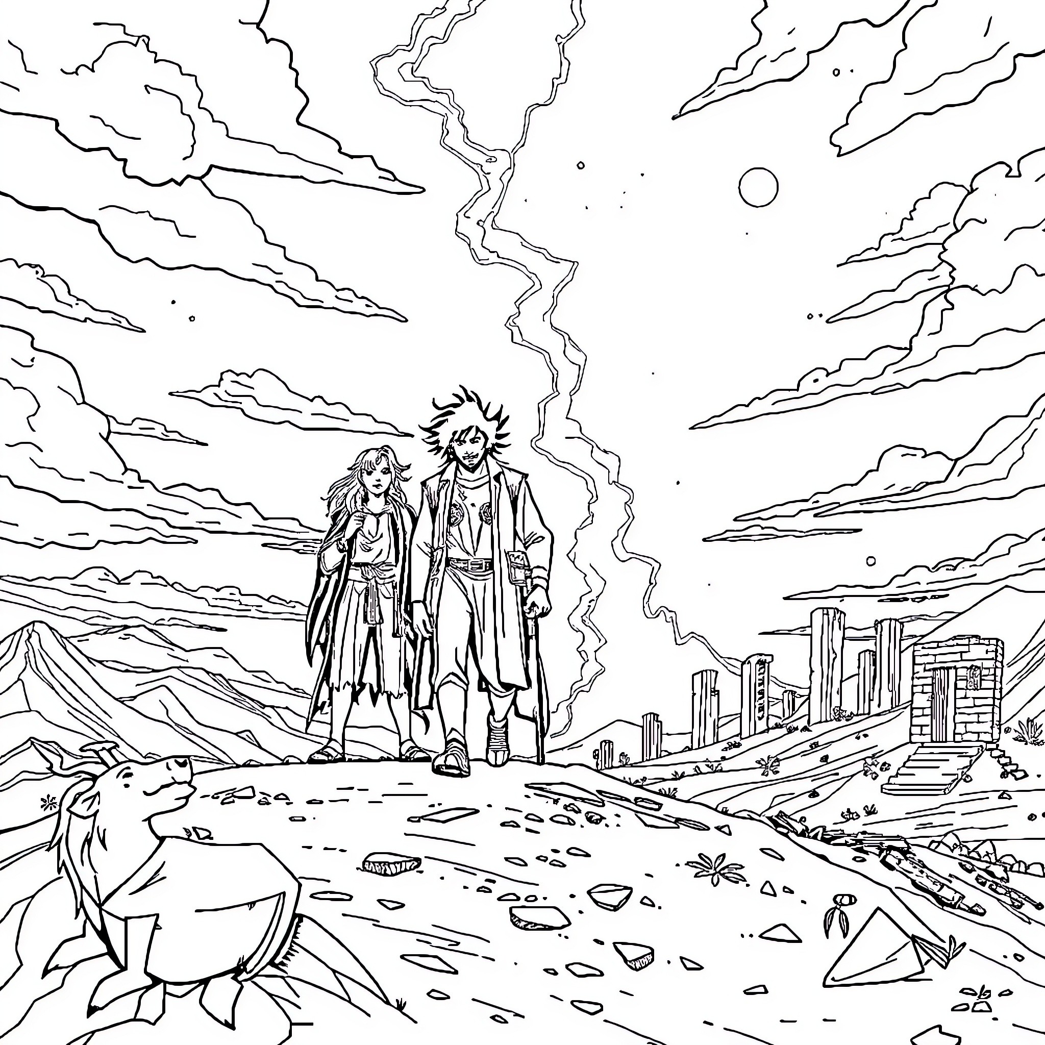 Fantastic Four Adventurers in the Otherworldly Landscape Coloring Page (free black-and-white line drawing printable PDF for all, from beginners to advanced learners, including children, teens, adults, and seniors)