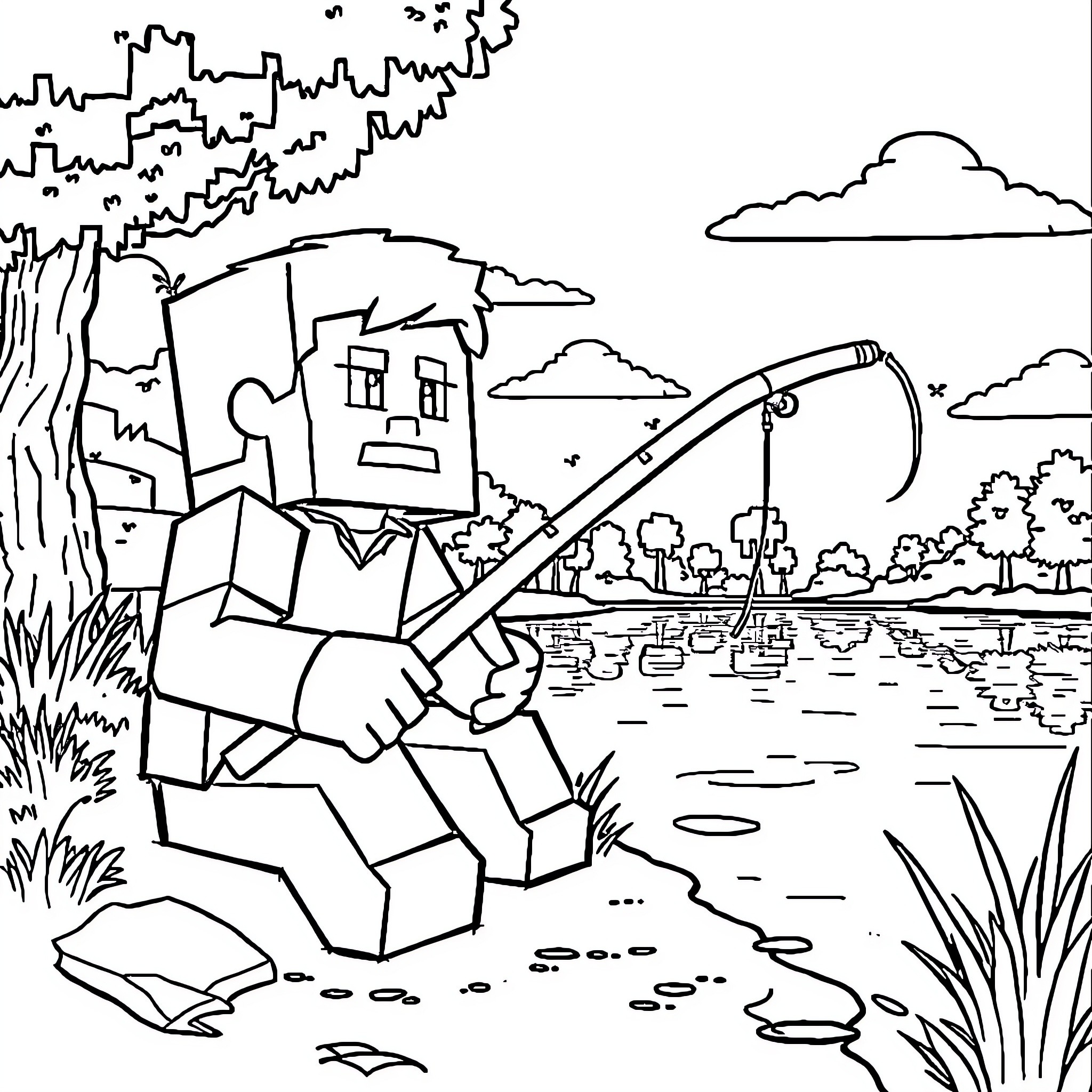 Steve's Fishing Adventure by the Lake Coloring Page (free black-and-white line drawing printable PDF for all, from beginners to advanced learners, including children, teens, adults, and seniors)