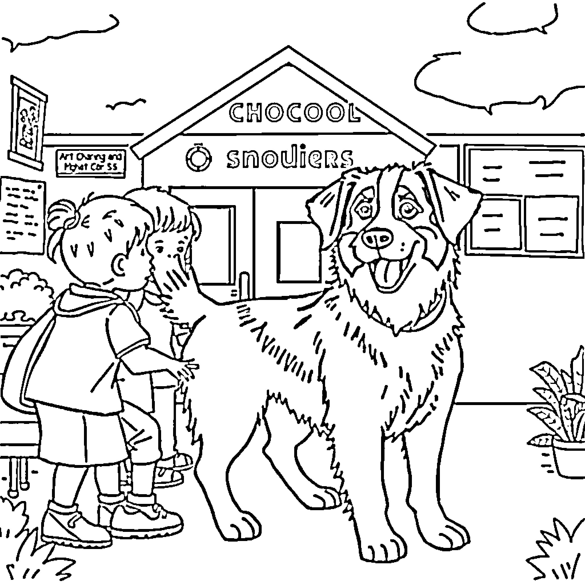 Border Collie greeting a child near a chocolate shop Coloring Page (free black-and-white line drawing printable PDF for all, from beginners to advanced learners, including children, teens, adults, and seniors)