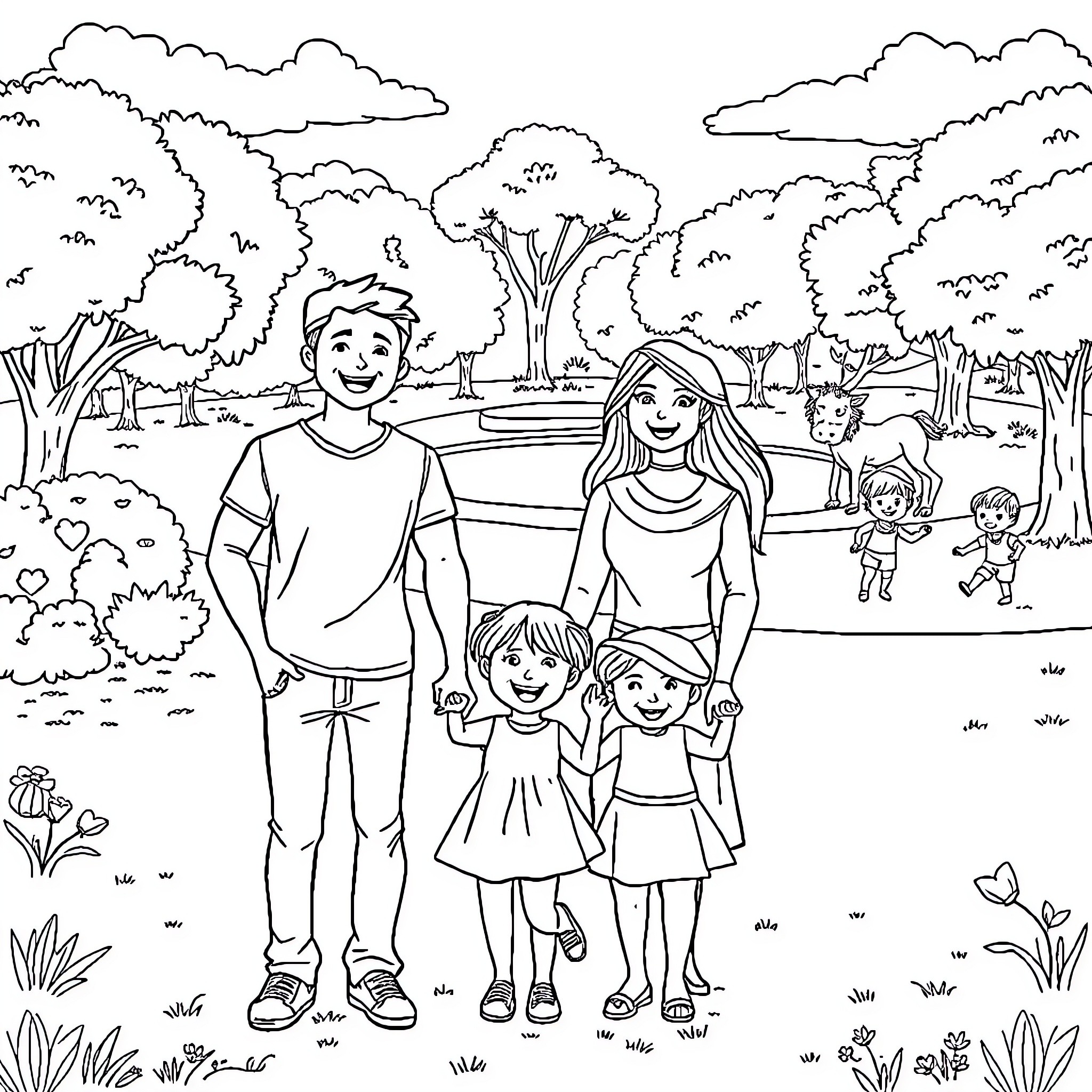 Family enjoying a day at the park Coloring Page (free black-and-white line drawing printable PDF for all, from beginners to advanced learners, including children, teens, adults, and seniors)