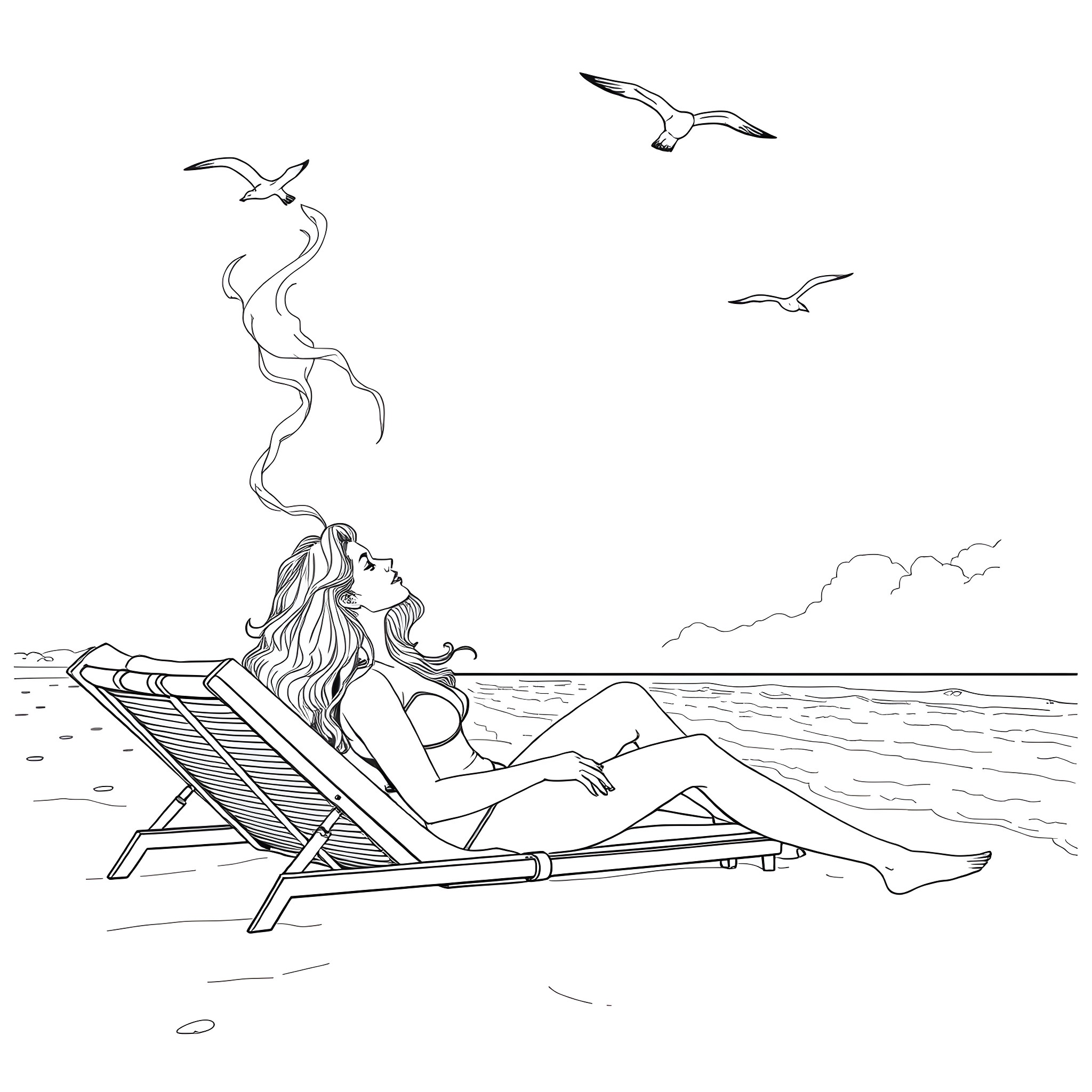 Lana Del Rey relaxing on a beach chair by the ocean Coloring Page (free black-and-white line drawing printable PDF for all, from beginners to advanced learners, including children, teens, adults, and seniors)