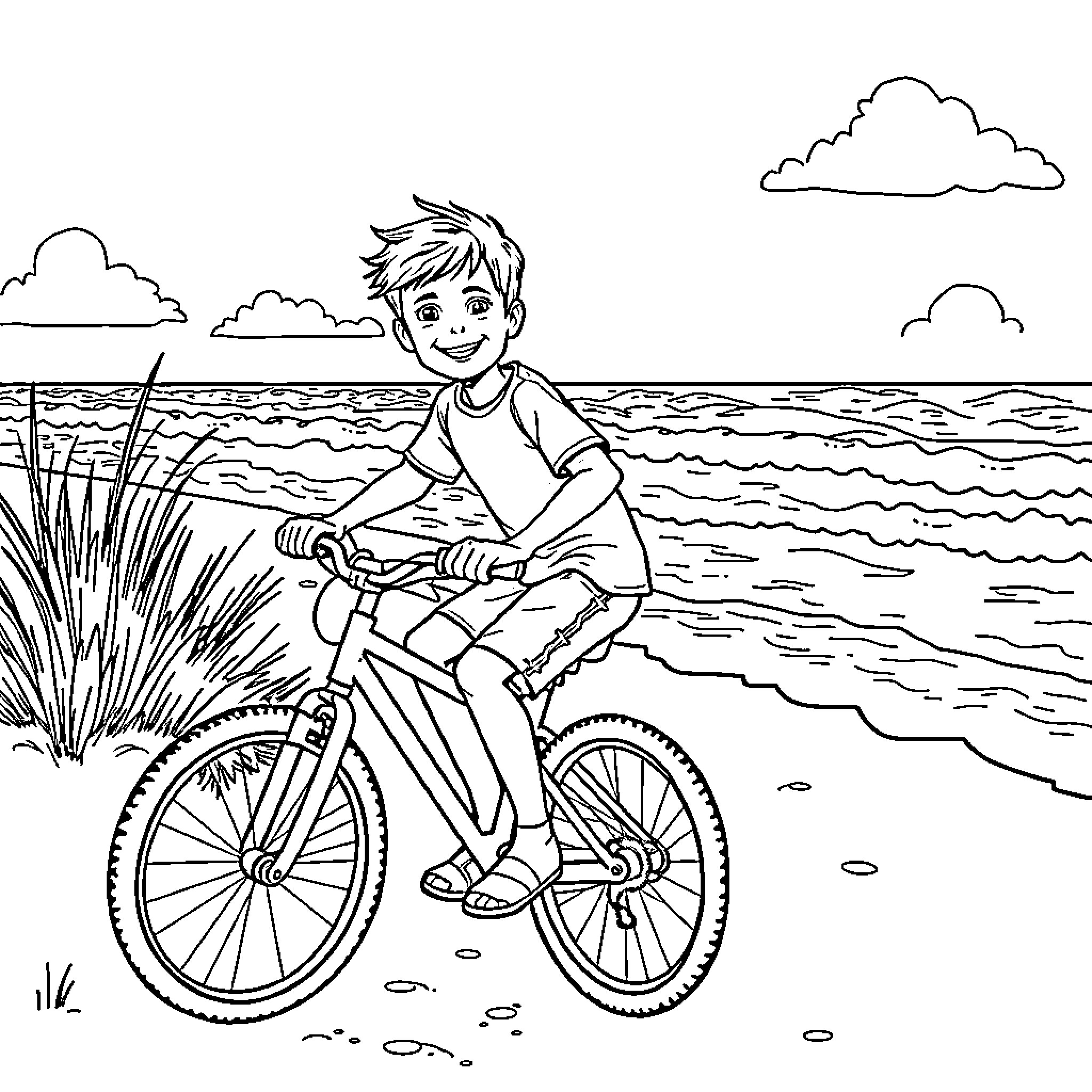 Boy riding bicycle along the beach Coloring Page (free black-and-white line drawing printable PDF for all, from beginners to advanced learners, including children, teens, adults, and seniors)