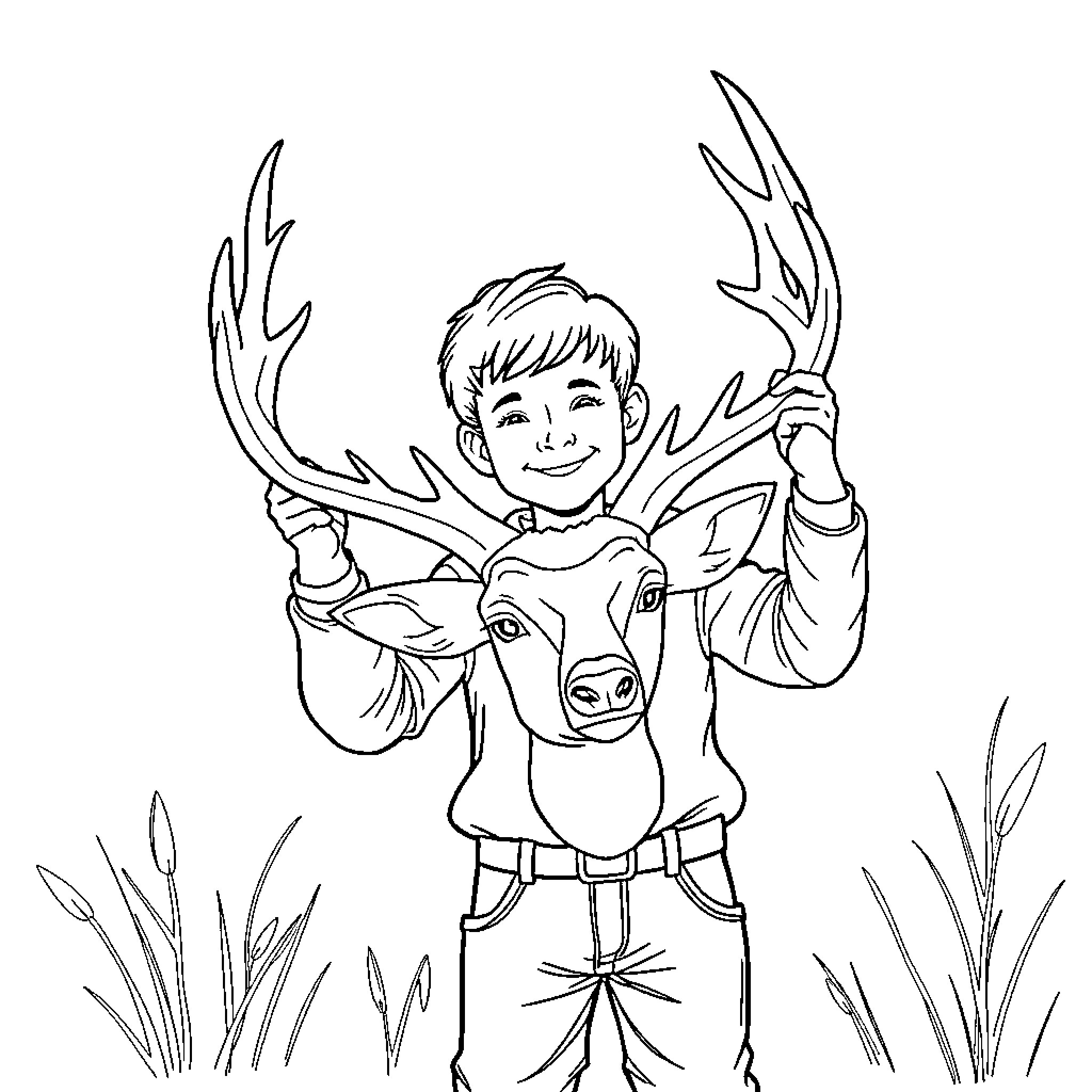 Boy exploring nature with deer antlers Coloring Page (free black-and-white line drawing printable PDF for all, from beginners to advanced learners, including children, teens, adults, and seniors)