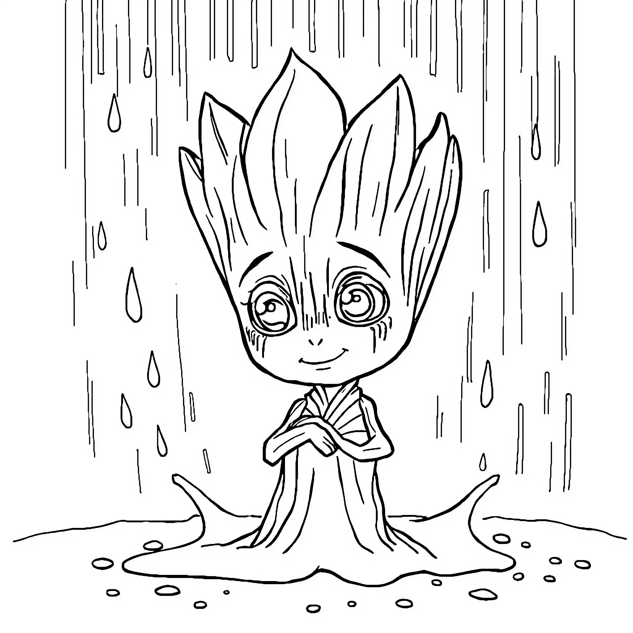Bébé Groot playing happily in the rain Coloring Page (free black-and-white line drawing printable PDF for all, from beginners to advanced learners, including children, teens, adults, and seniors)