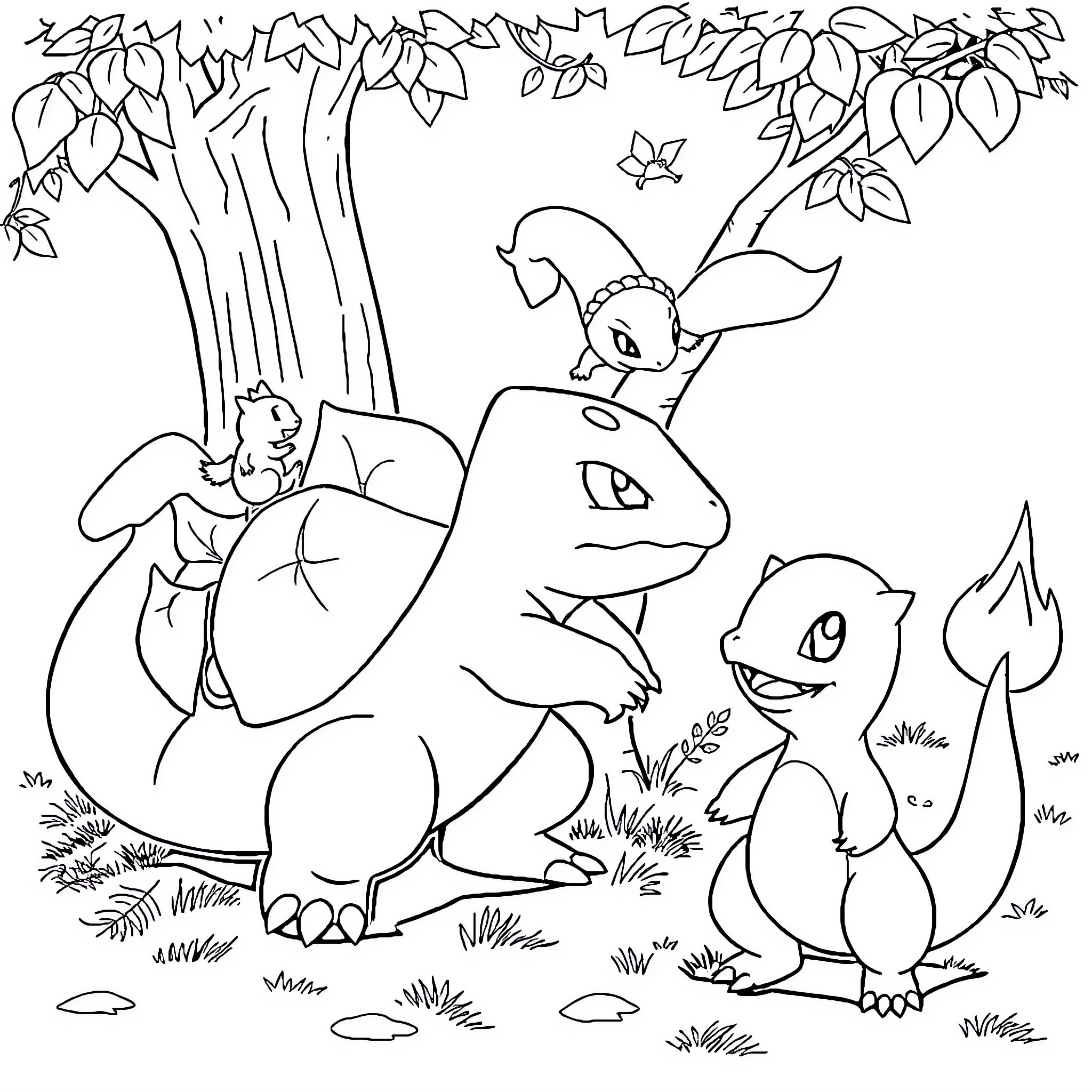 Venusaur with friends in nature scene Coloring Page (free black-and-white line drawing printable PDF for all, from beginners to advanced learners, including children, teens, adults, and seniors)