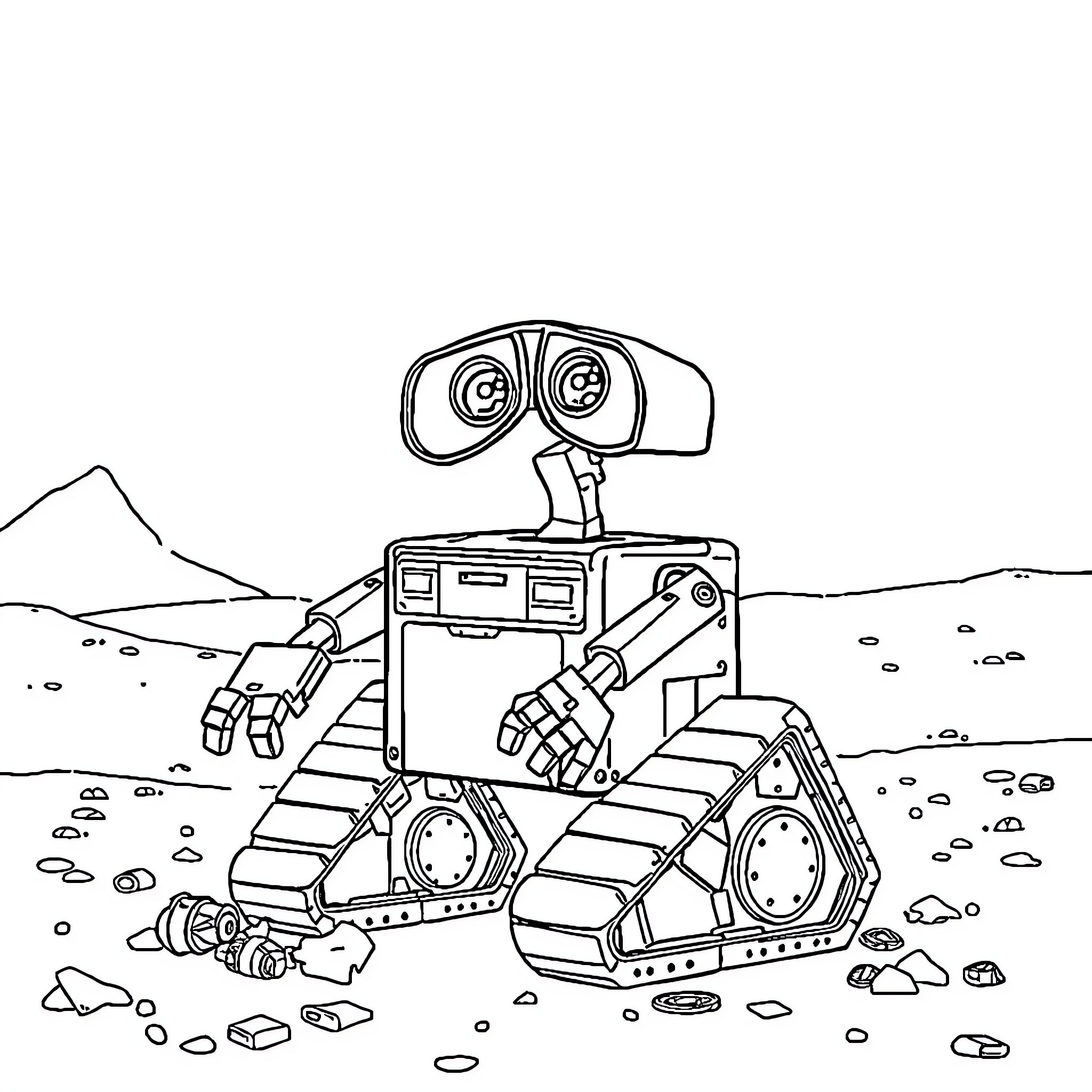 Wall-E exploring the desolate landscape Coloring Page (free black-and-white line drawing printable PDF for all, from beginners to advanced learners, including children, teens, adults, and seniors)