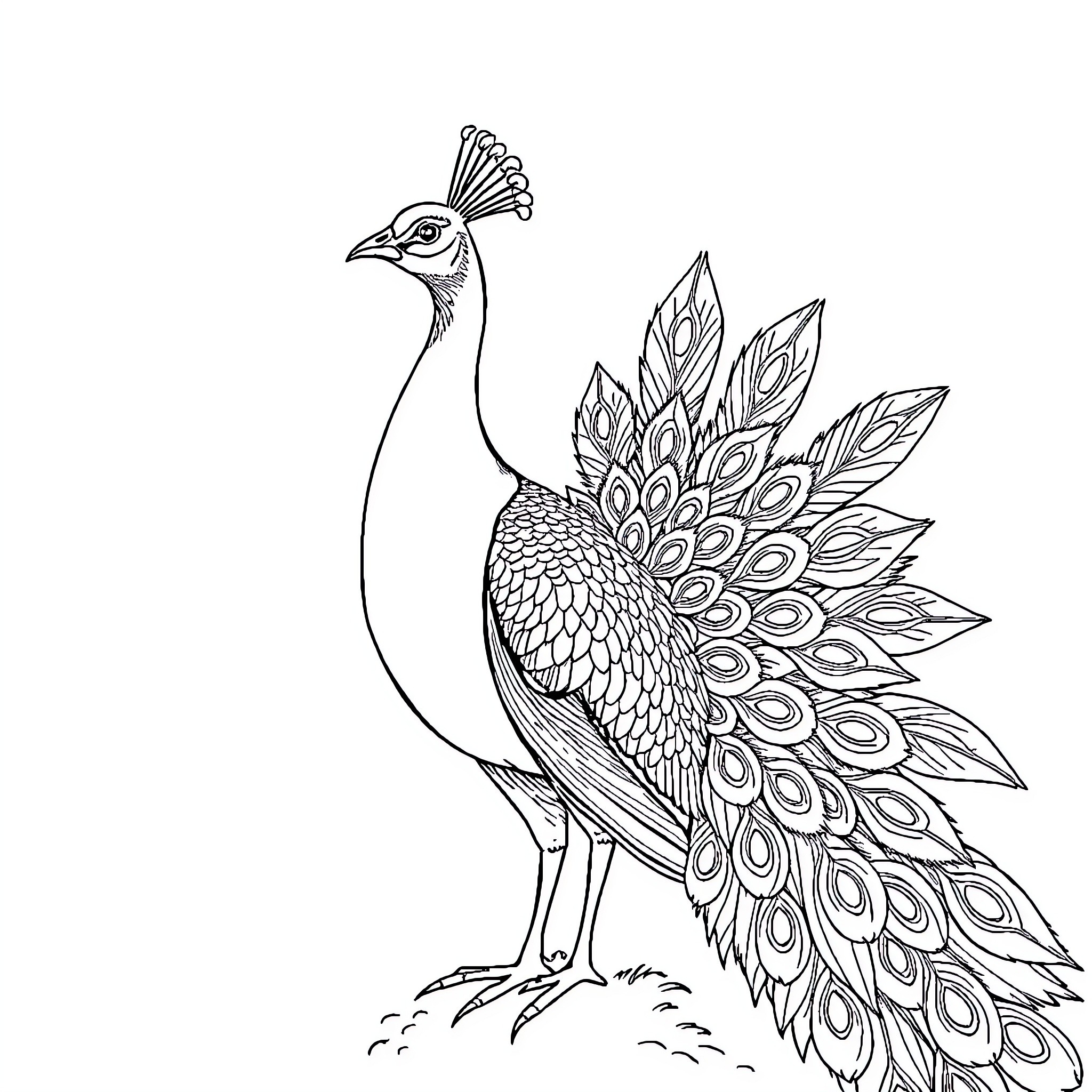 Peacock showcasing its magnificent feathers Coloring Page (free black-and-white line drawing printable PDF for all, from beginners to advanced learners, including children, teens, adults, and seniors)