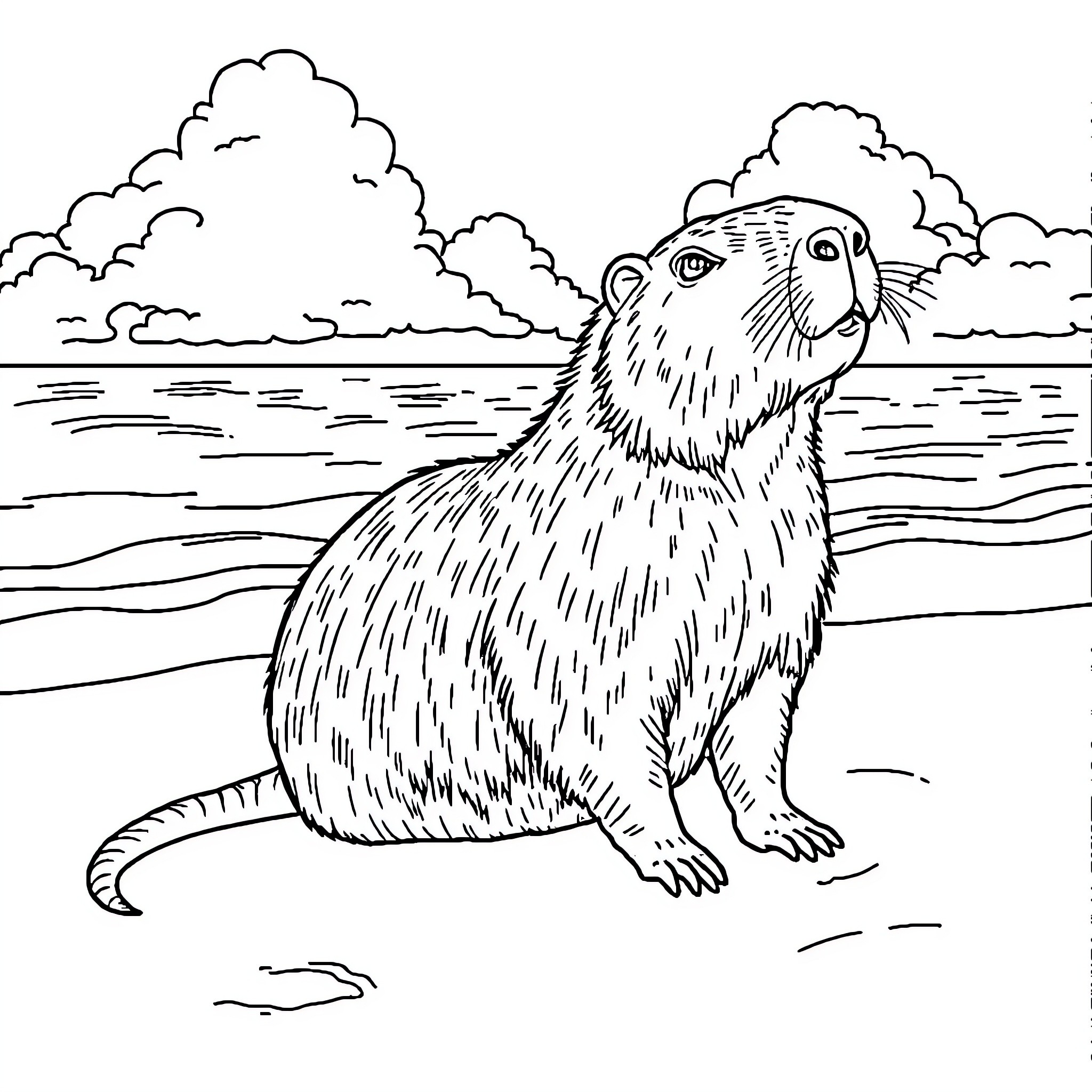 Capybara enjoying the tranquil lake view Coloring Page (free black-and-white line drawing printable PDF for all, from beginners to advanced learners, including children, teens, adults, and seniors)