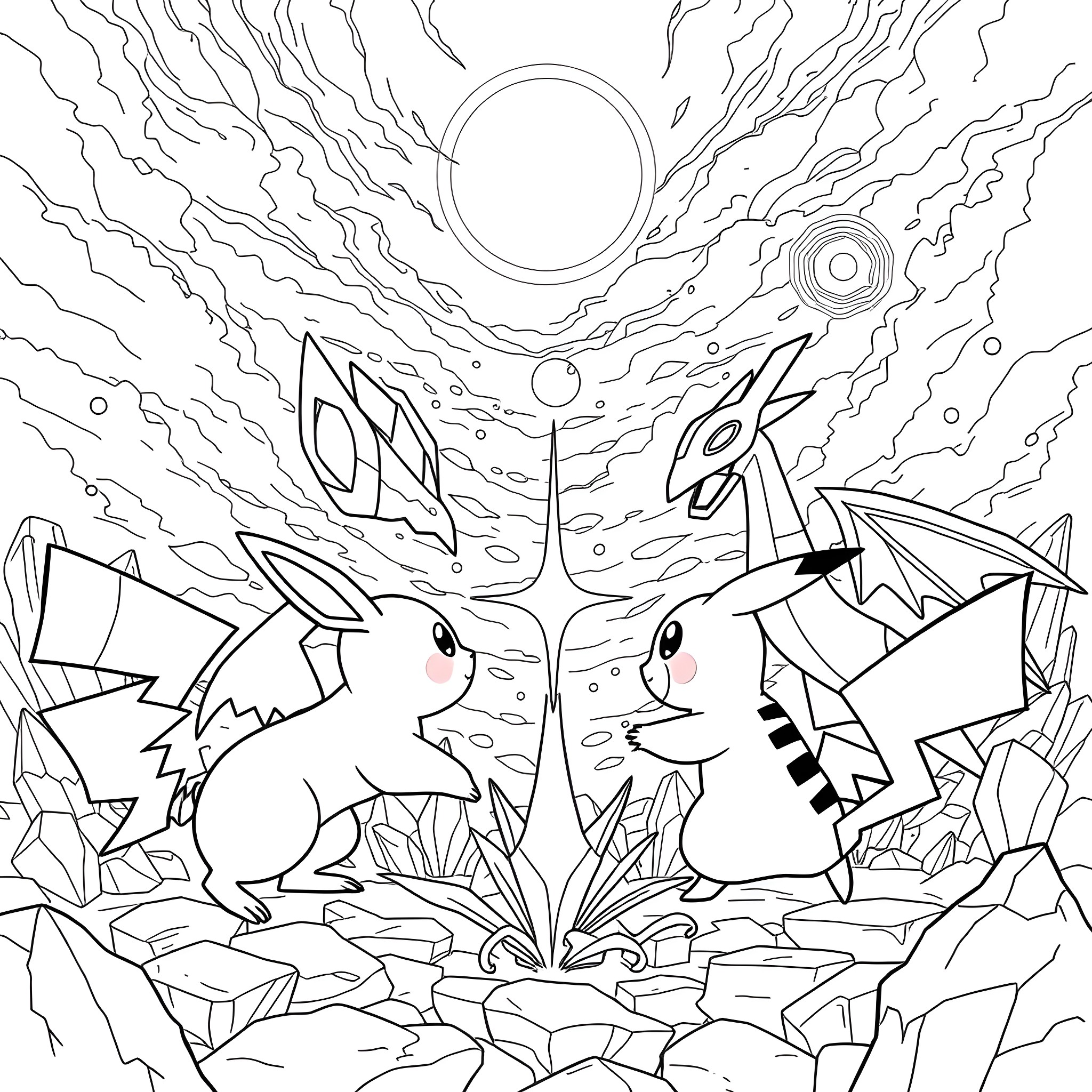 Pokémon Rabbits Exploring Mysterious Landscape Coloring Page (free black-and-white line drawing printable PDF for all, from beginners to advanced learners, including children, teens, adults, and seniors)