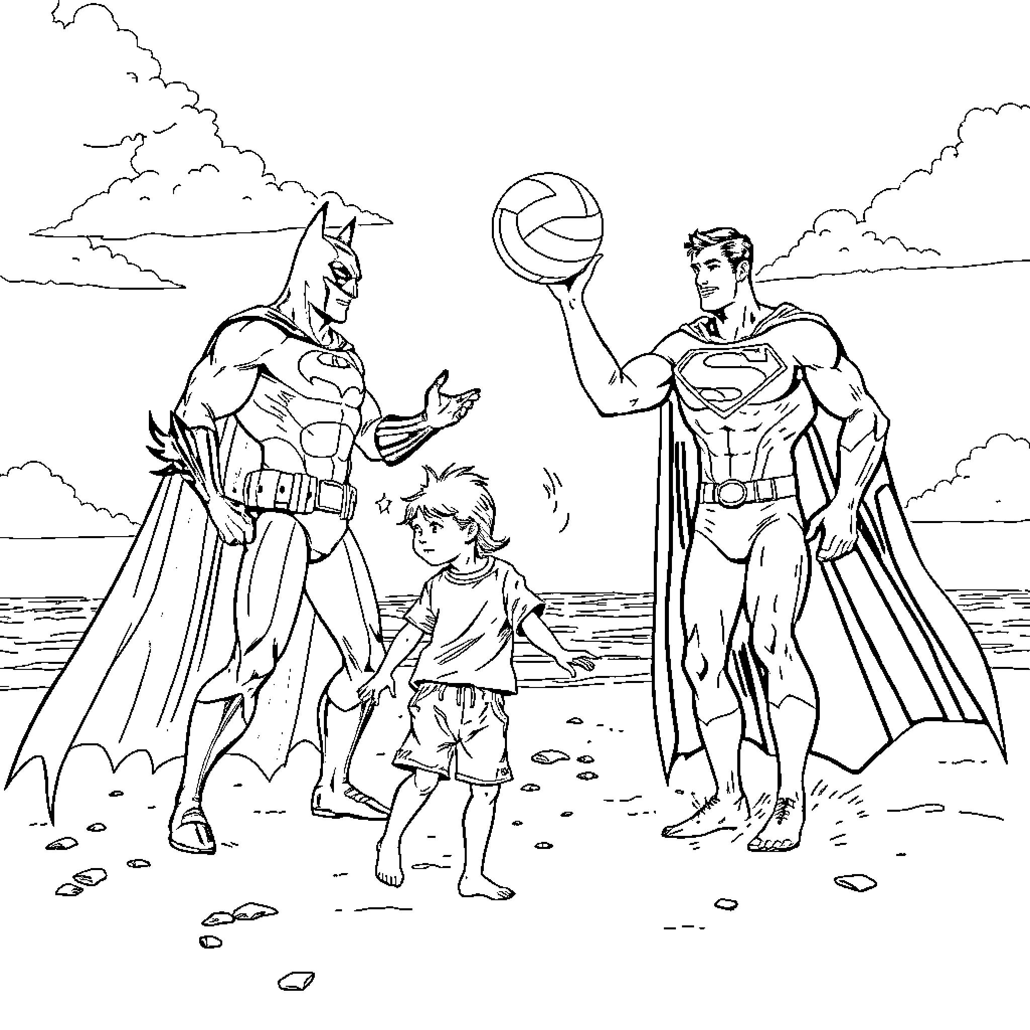 Batman and Superman playing volleyball with a child Coloring Page (free black-and-white line drawing printable PDF for all, from beginners to advanced learners, including children, teens, adults, and seniors)