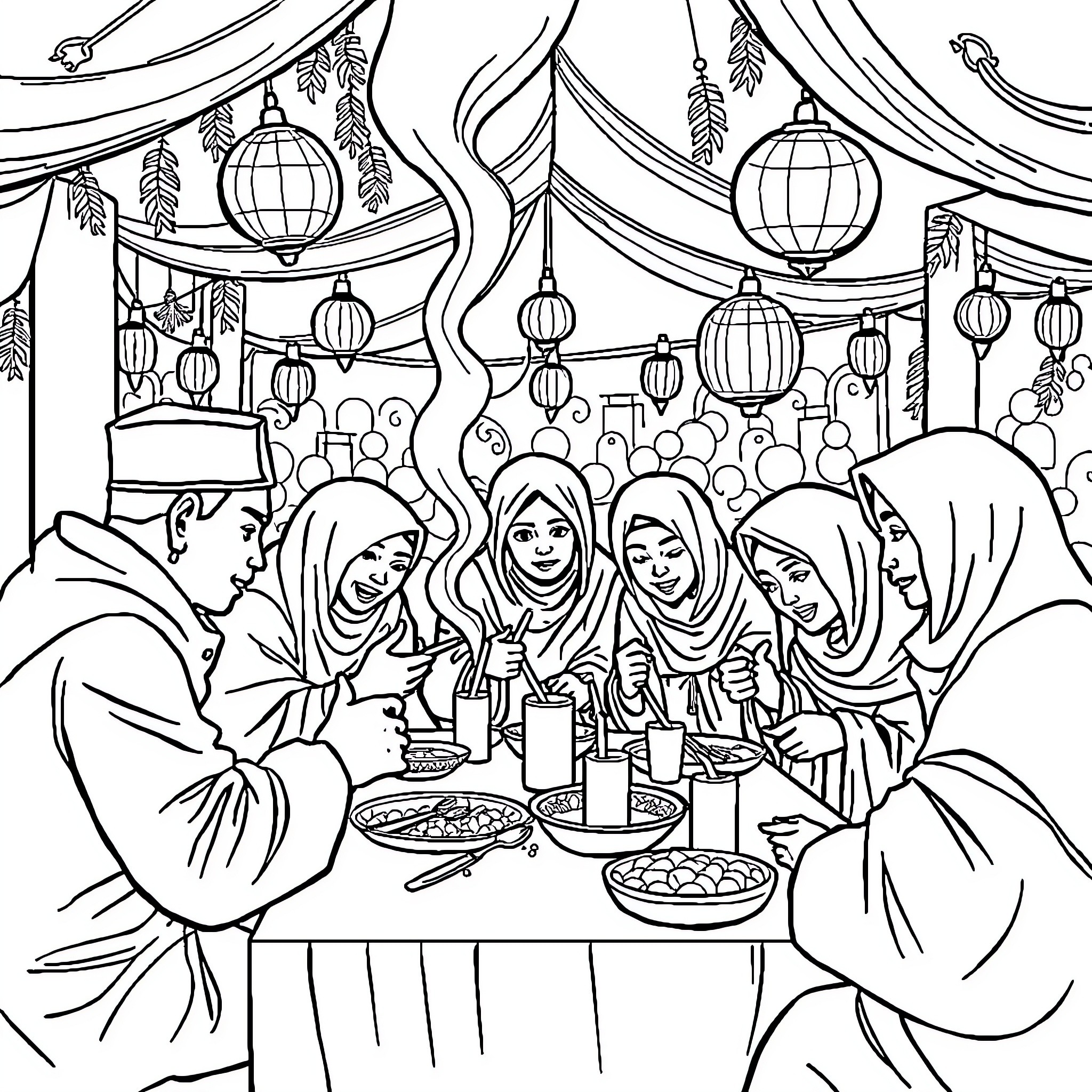 Tung Tung Gathering of Friends Enjoying Festive Meal Coloring Page (free black-and-white line drawing printable PDF for all, from beginners to advanced learners, including children, teens, adults, and seniors)