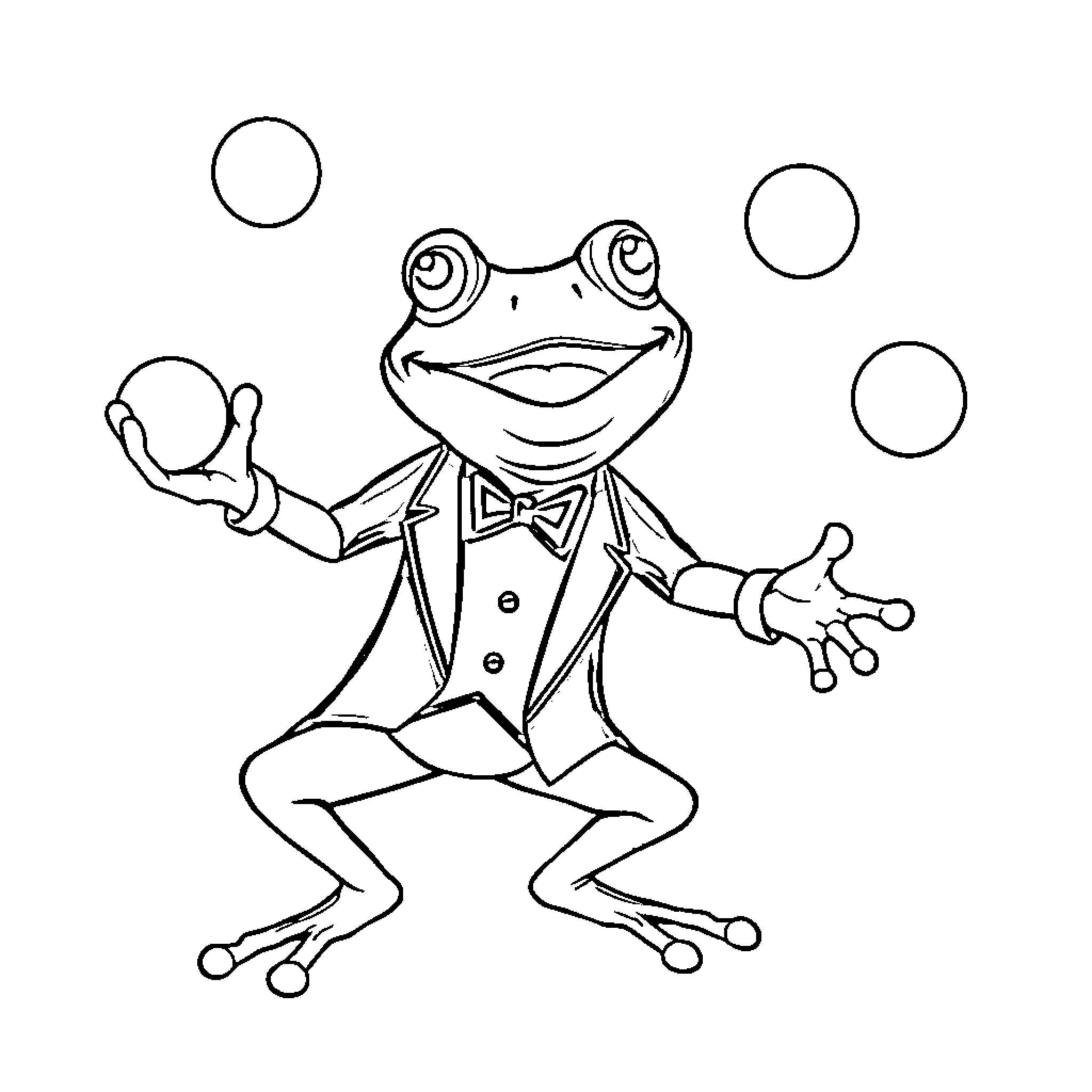 Frog juggling in a tuxedo Coloring Page (free black-and-white line drawing printable PDF for all, from beginners to advanced learners, including children, teens, adults, and seniors)