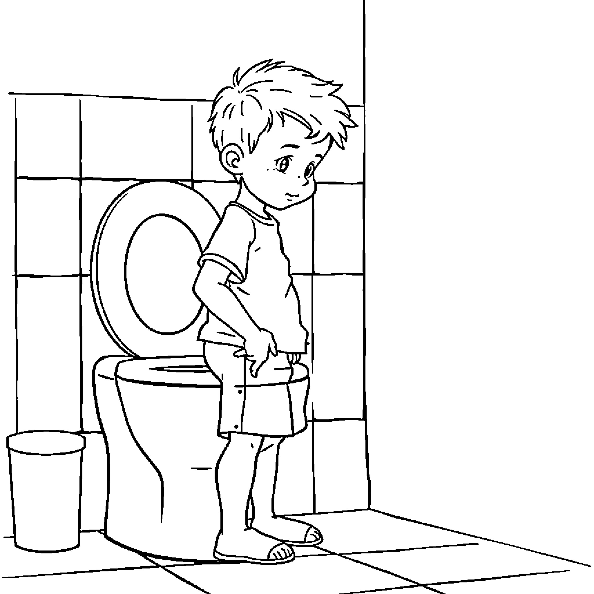 Boy using public restroom with toilet Coloring Page (free black-and-white line drawing printable PDF for all, from beginners to advanced learners, including children, teens, adults, and seniors)