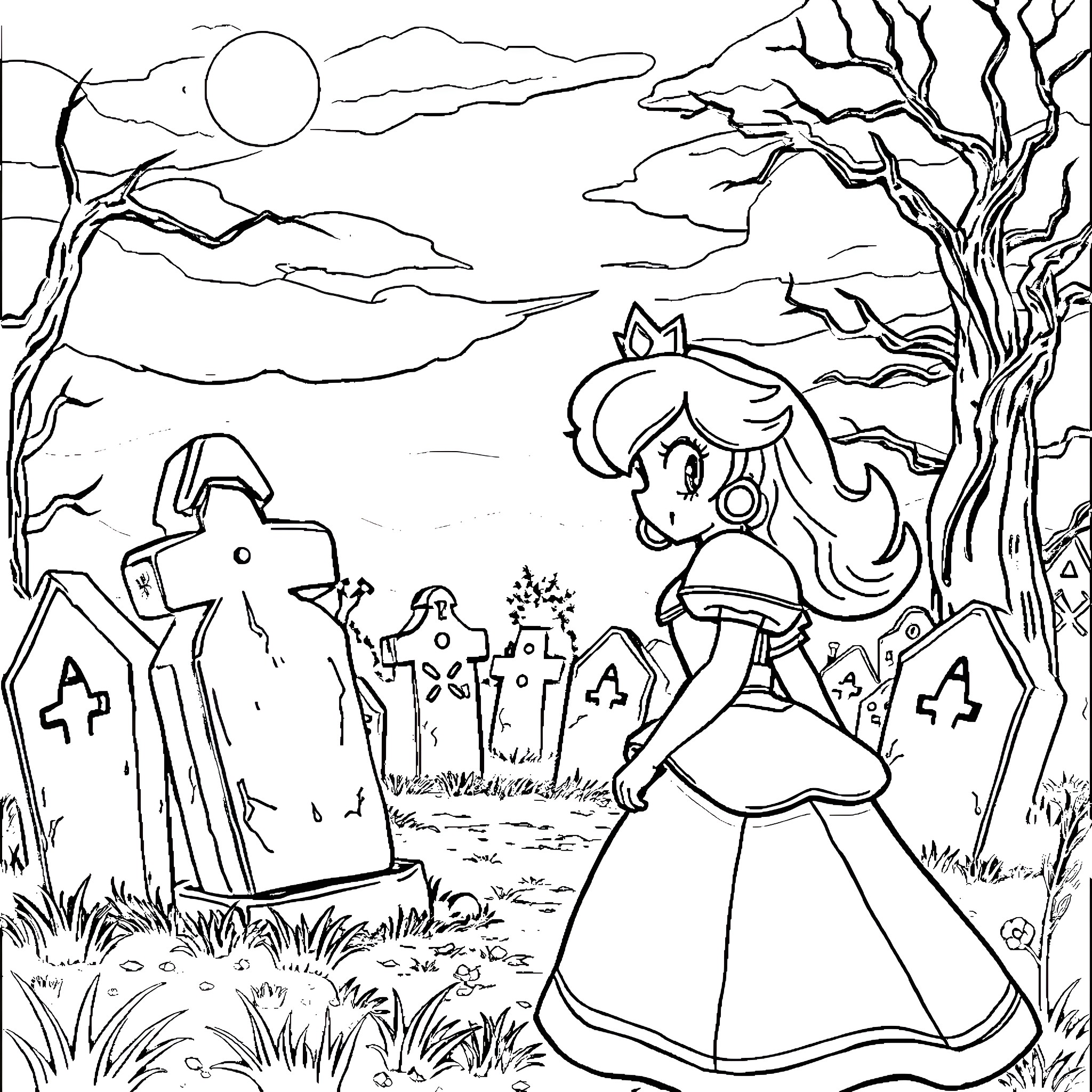 Princess in the Enchanted Meadow Coloring Page (free black-and-white line drawing printable PDF for all, from beginners to advanced learners, including children, teens, adults, and seniors)