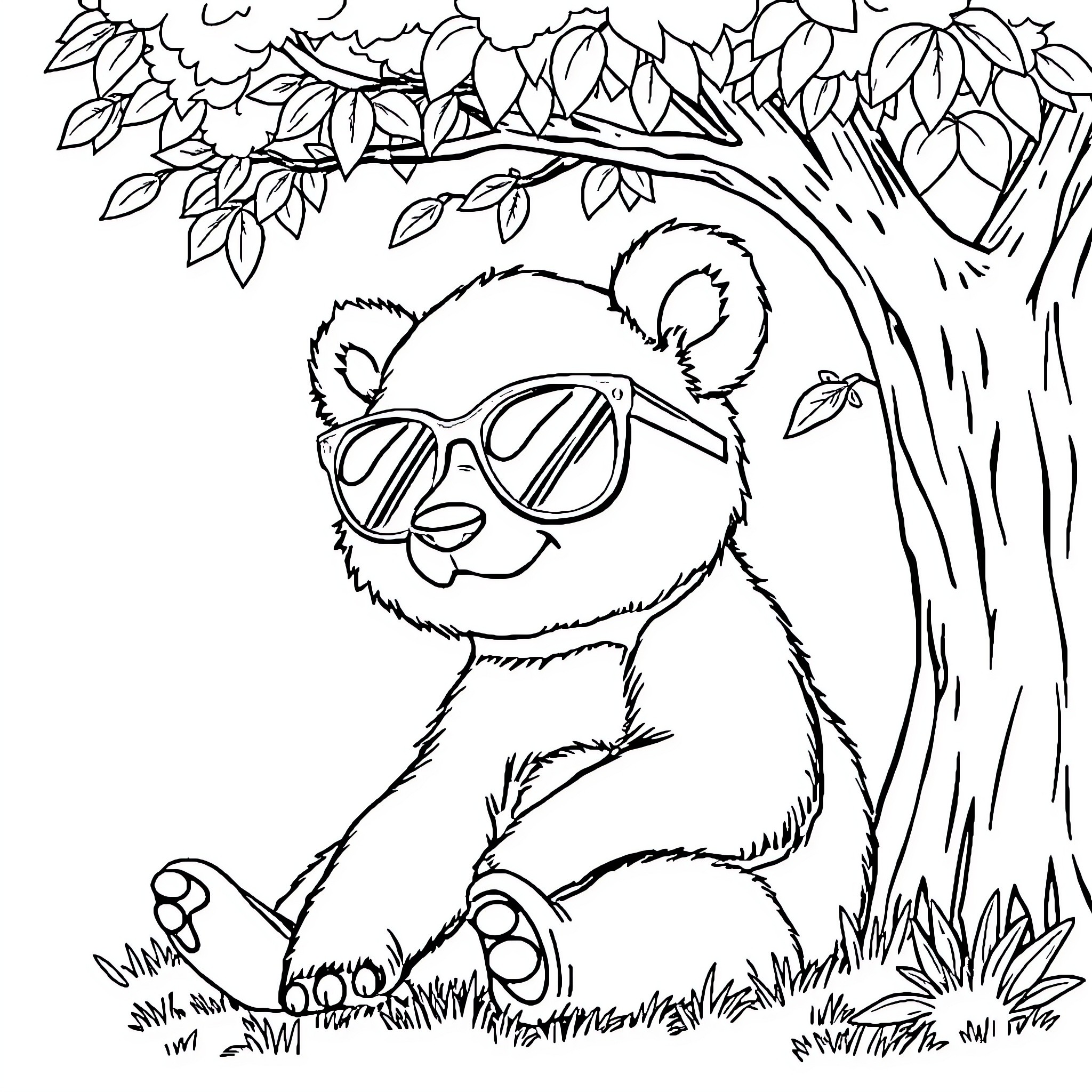 Panda relaxing under the tree in sunglasses Coloring Page (free black-and-white line drawing printable PDF for all, from beginners to advanced learners, including children, teens, adults, and seniors)