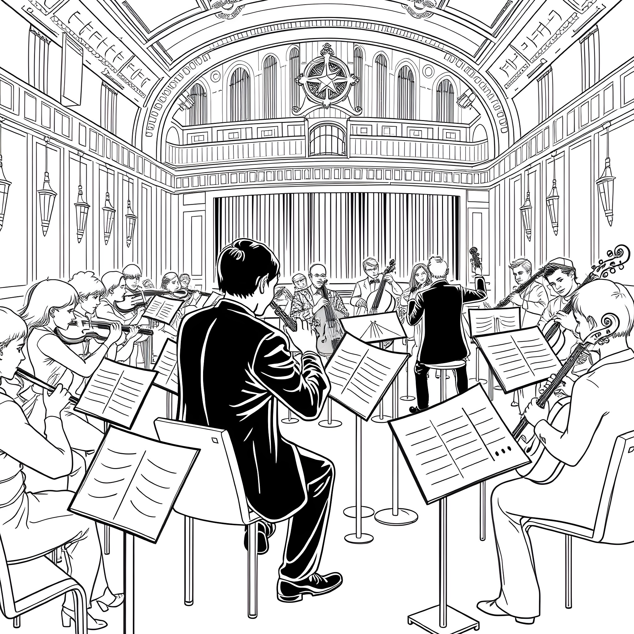 Musician conducting orchestra performance in grand hall Coloring Page (free black-and-white line drawing printable PDF for all, from beginners to advanced learners, including children, teens, adults, and seniors)