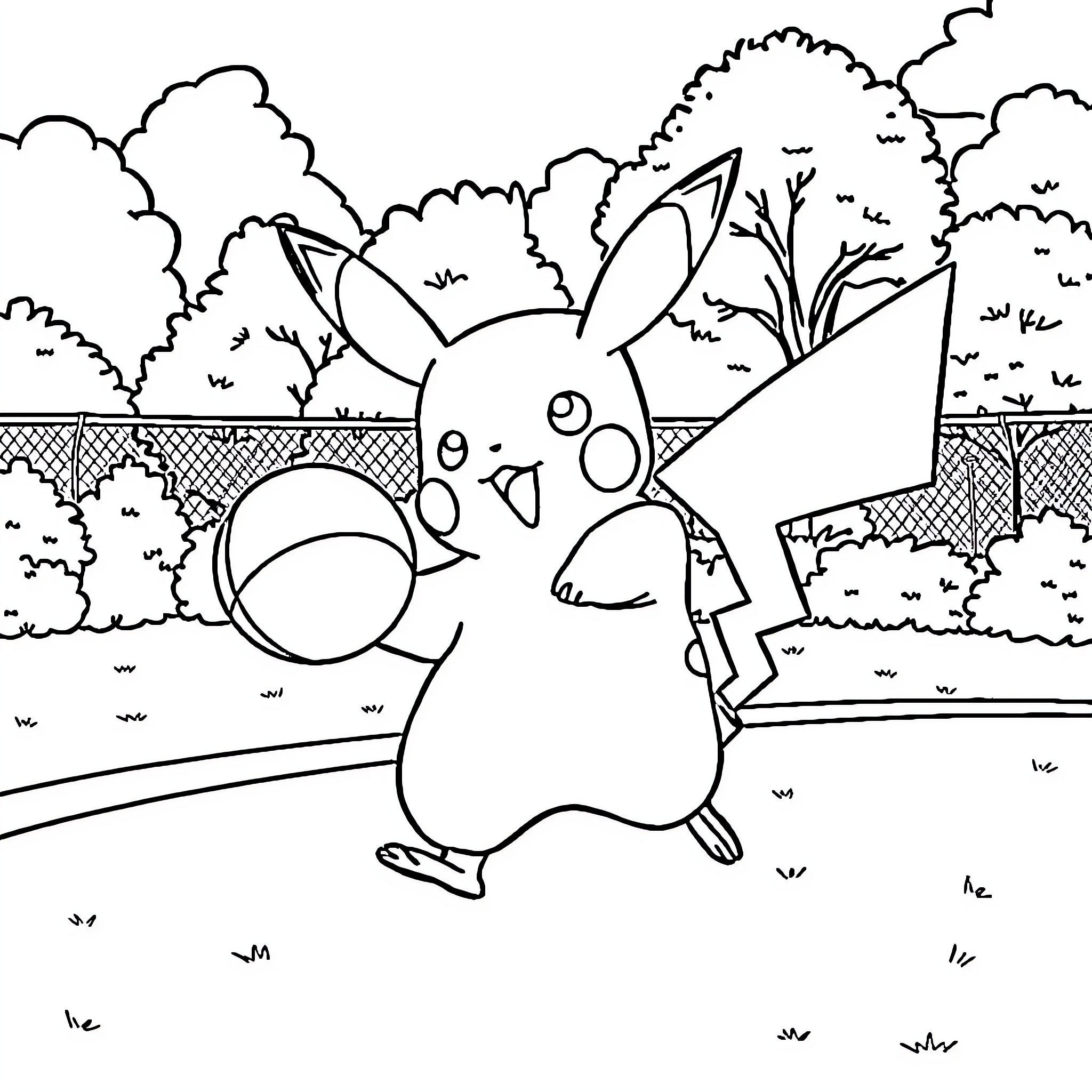Pikachu enjoying a playful adventure in the outdoors Coloring Page (free black-and-white line drawing printable PDF for all, from beginners to advanced learners, including children, teens, adults, and seniors)