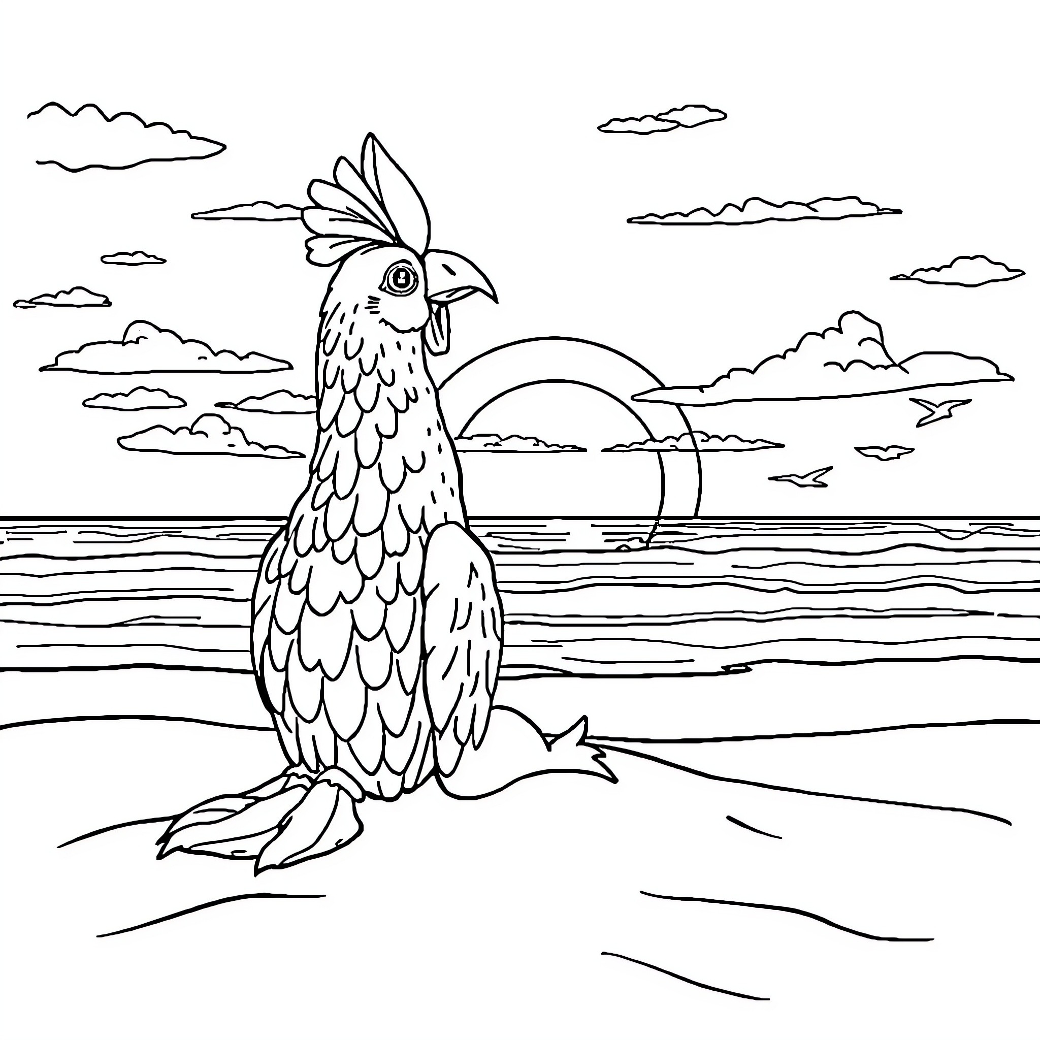 Hei Hei Rooster by the Sunset Beach Coloring Page (free black-and-white line drawing printable PDF for all, from beginners to advanced learners, including children, teens, adults, and seniors)