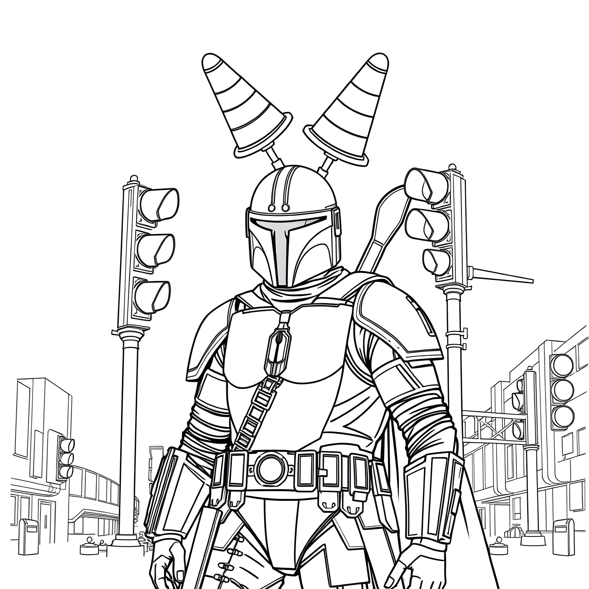 Mandalorian warrior in futuristic urban setting Coloring Page (free black-and-white line drawing printable PDF for all, from beginners to advanced learners, including children, teens, adults, and seniors)