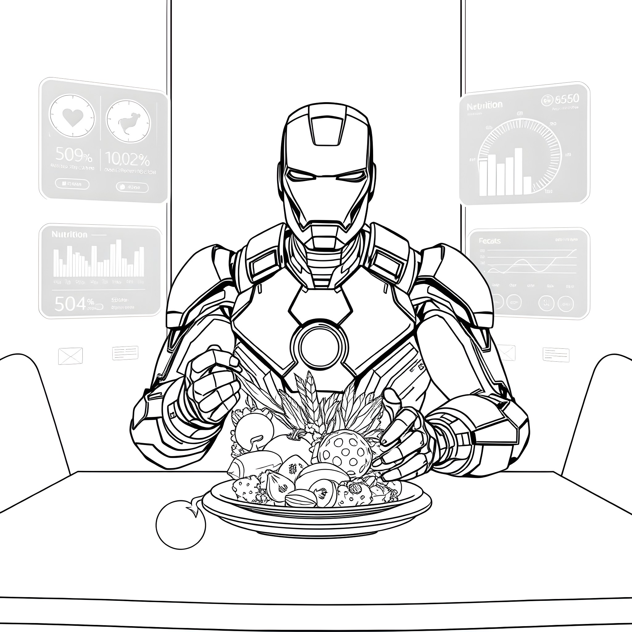 Ironman enjoying a healthy meal Coloring Page (free black-and-white line drawing printable PDF for all, from beginners to advanced learners, including children, teens, adults, and seniors)