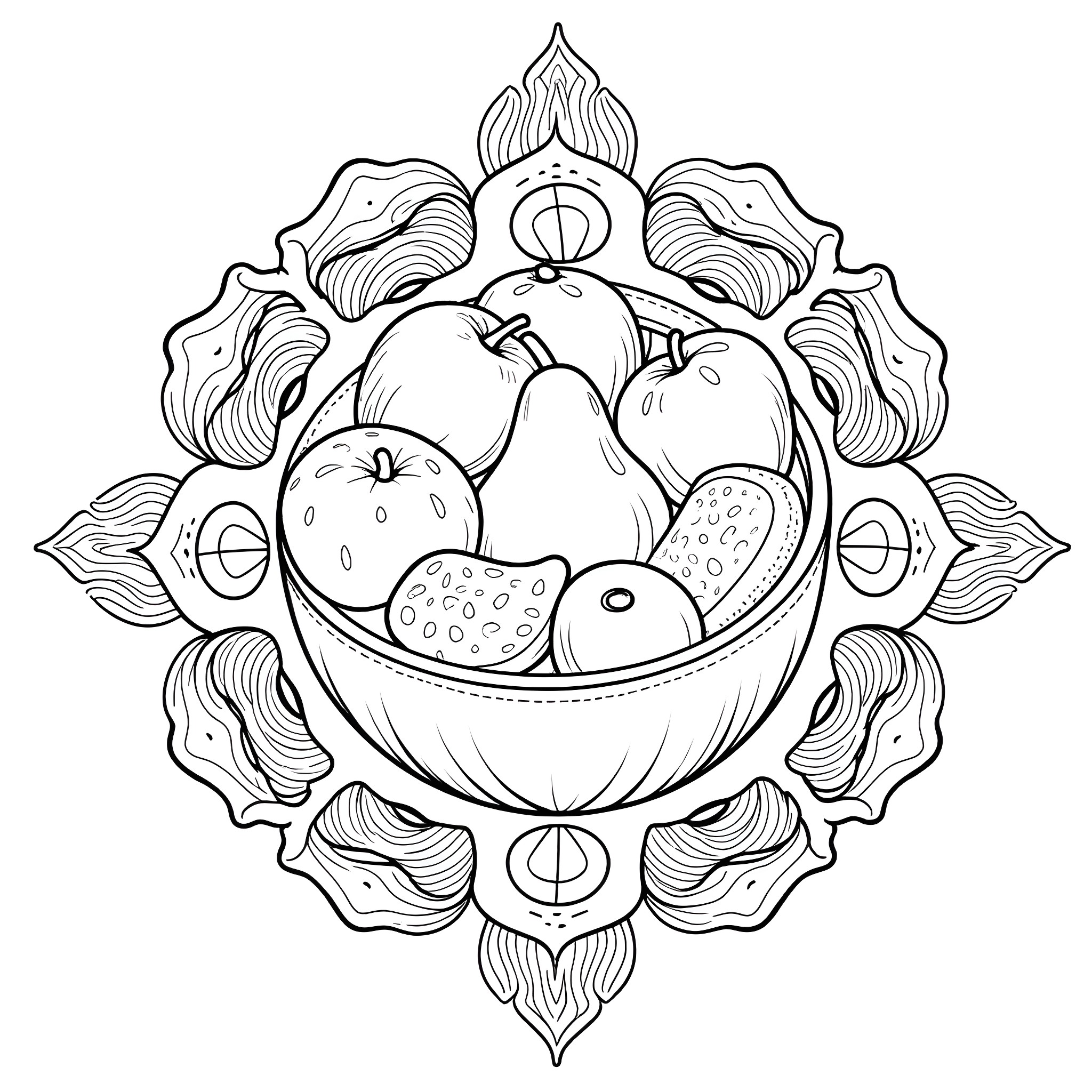 Mandala of Colorful Fruits in a Bowl Coloring Page (free black-and-white line drawing printable PDF for all, from beginners to advanced learners, including children, teens, adults, and seniors)