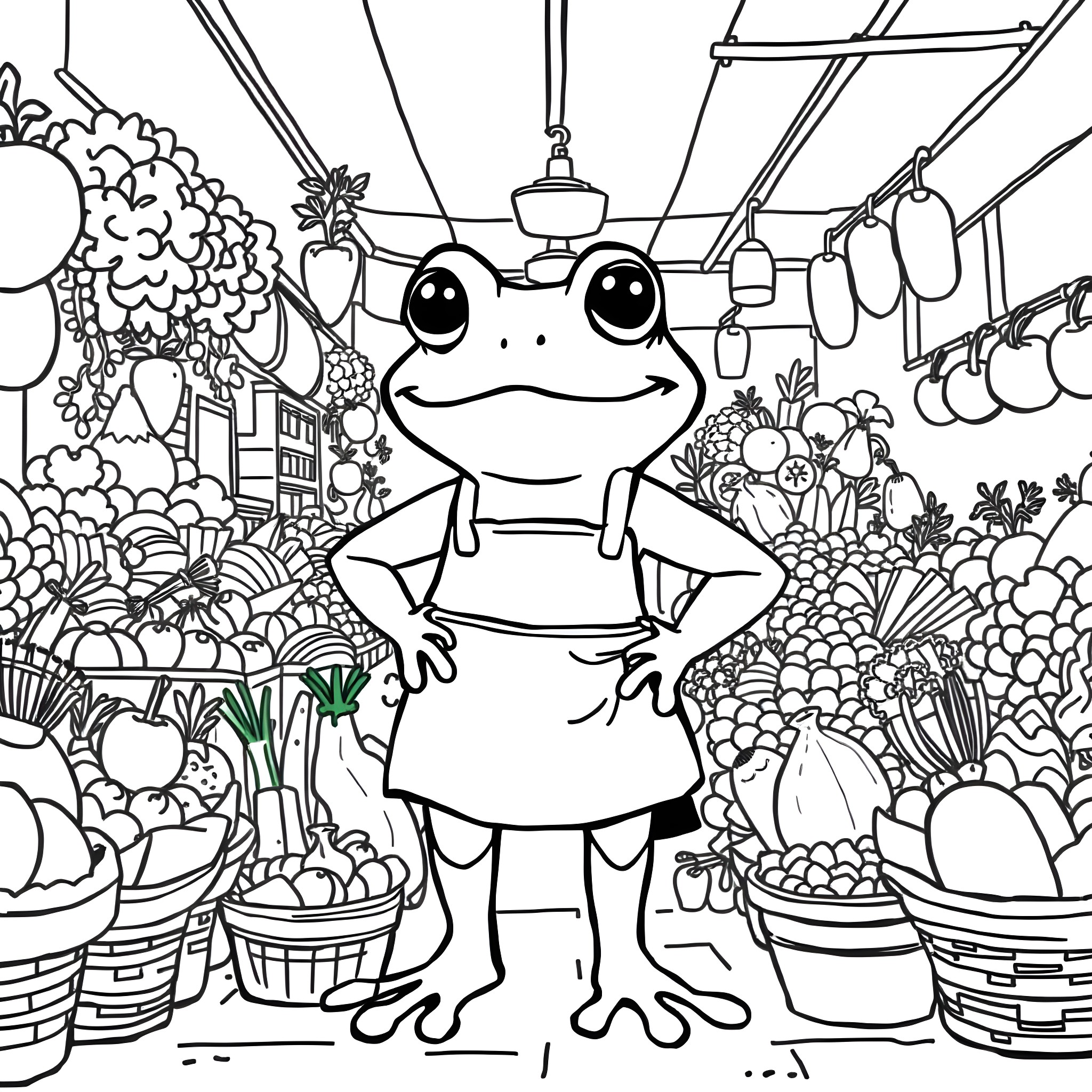 Frog happily exploring a lively garden scene Coloring Page (free black-and-white line drawing printable PDF for all, from beginners to advanced learners, including children, teens, adults, and seniors)