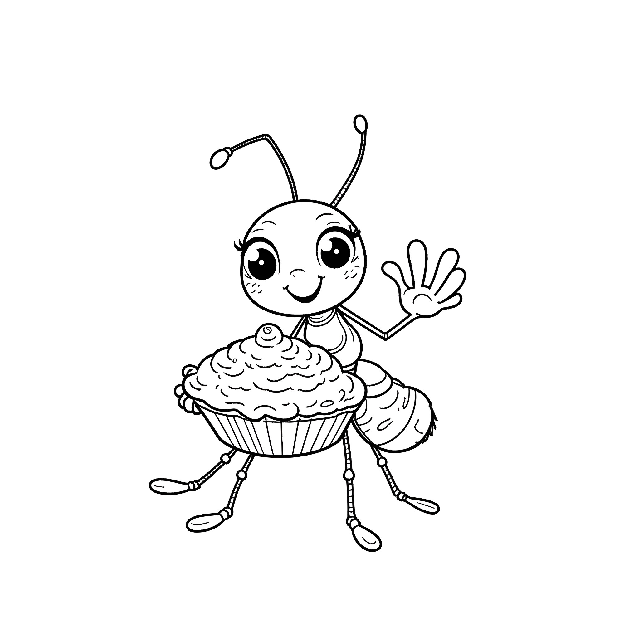 Ant waving and holding a cupcake Coloring Page (free black-and-white line drawing printable PDF for all, from beginners to advanced learners, including children, teens, adults, and seniors)