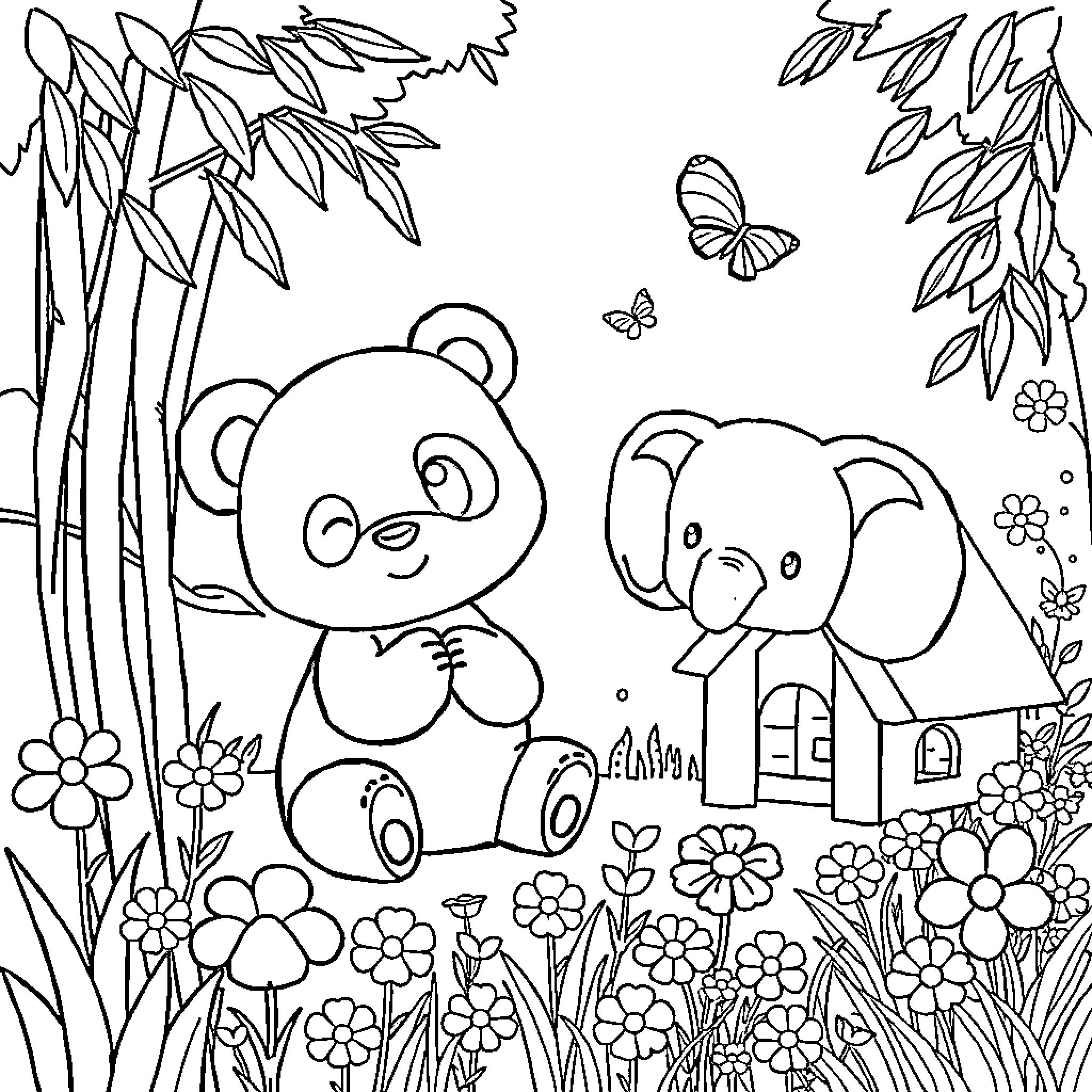 Animal friends in a beautiful garden Coloring Page (free black-and-white line drawing printable PDF for all, from beginners to advanced learners, including children, teens, adults, and seniors)