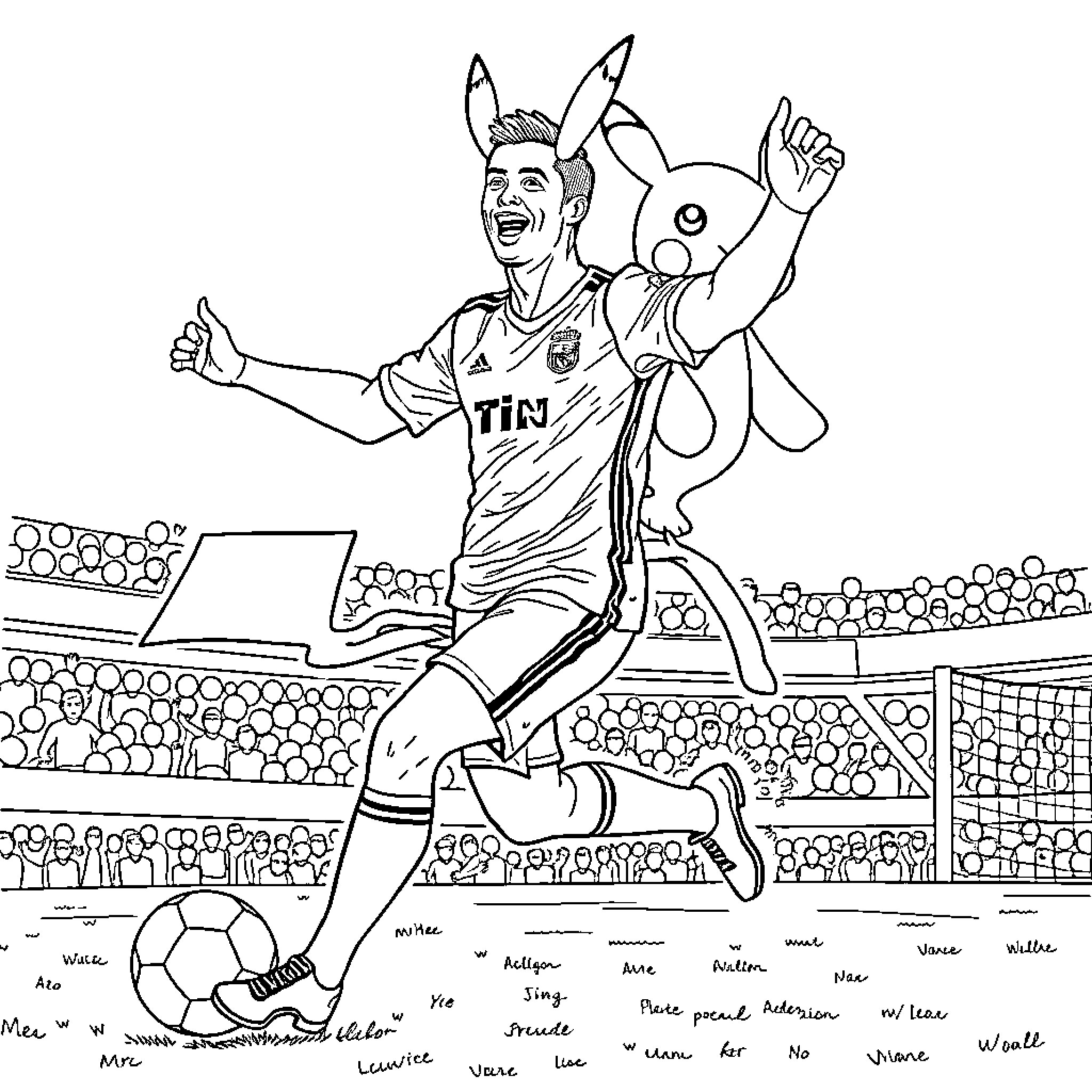 Cristiano Ronaldo celebrating with enthusiasm on the soccer field Coloring Page (free black-and-white line drawing printable PDF for all, from beginners to advanced learners, including children, teens, adults, and seniors)