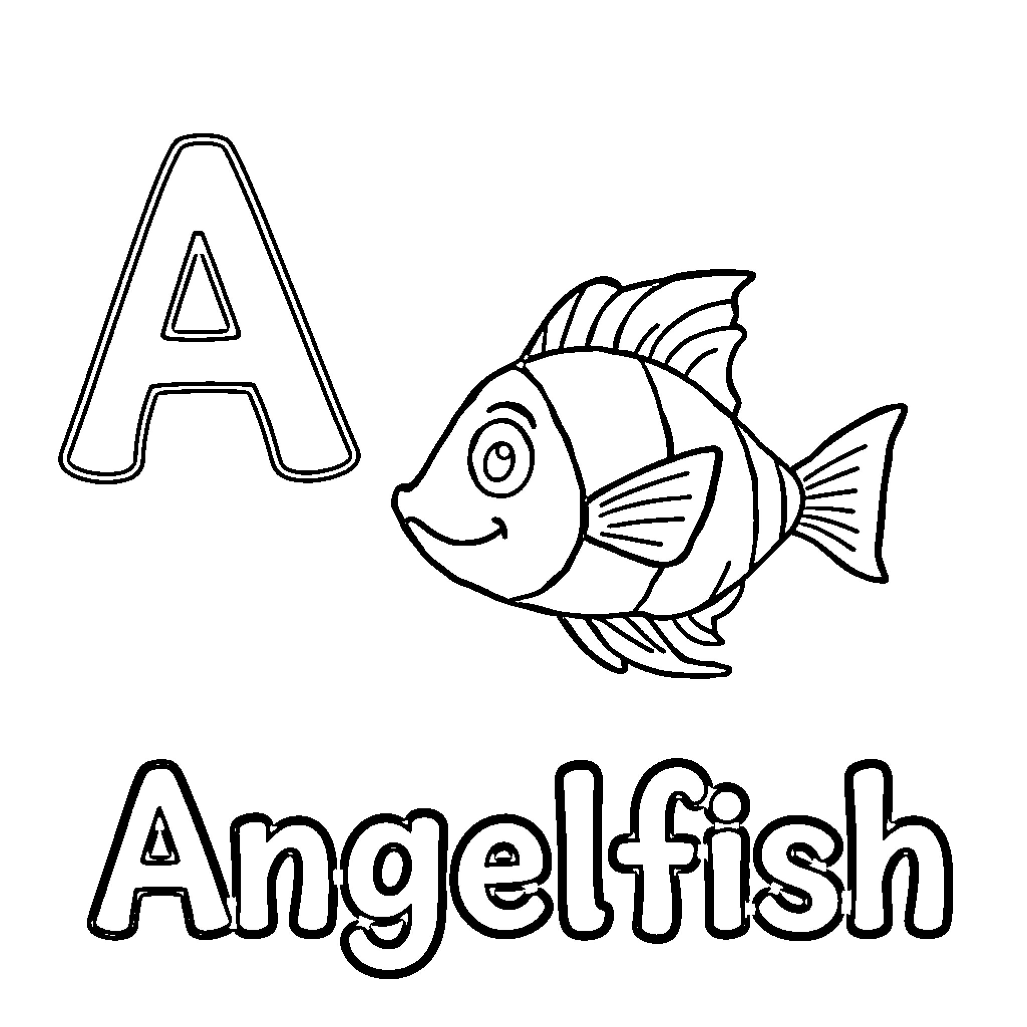 Angelfish with letter A Coloring Page (free black-and-white line drawing printable PDF for all, from beginners to advanced learners, including children, teens, adults, and seniors)