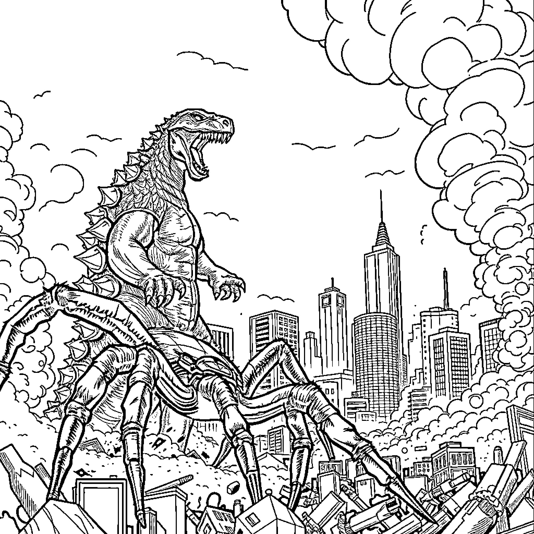 Tarantula-like Creature Attacking Cityscape Coloring Page (free black-and-white line drawing printable PDF for all, from beginners to advanced learners, including children, teens, adults, and seniors)