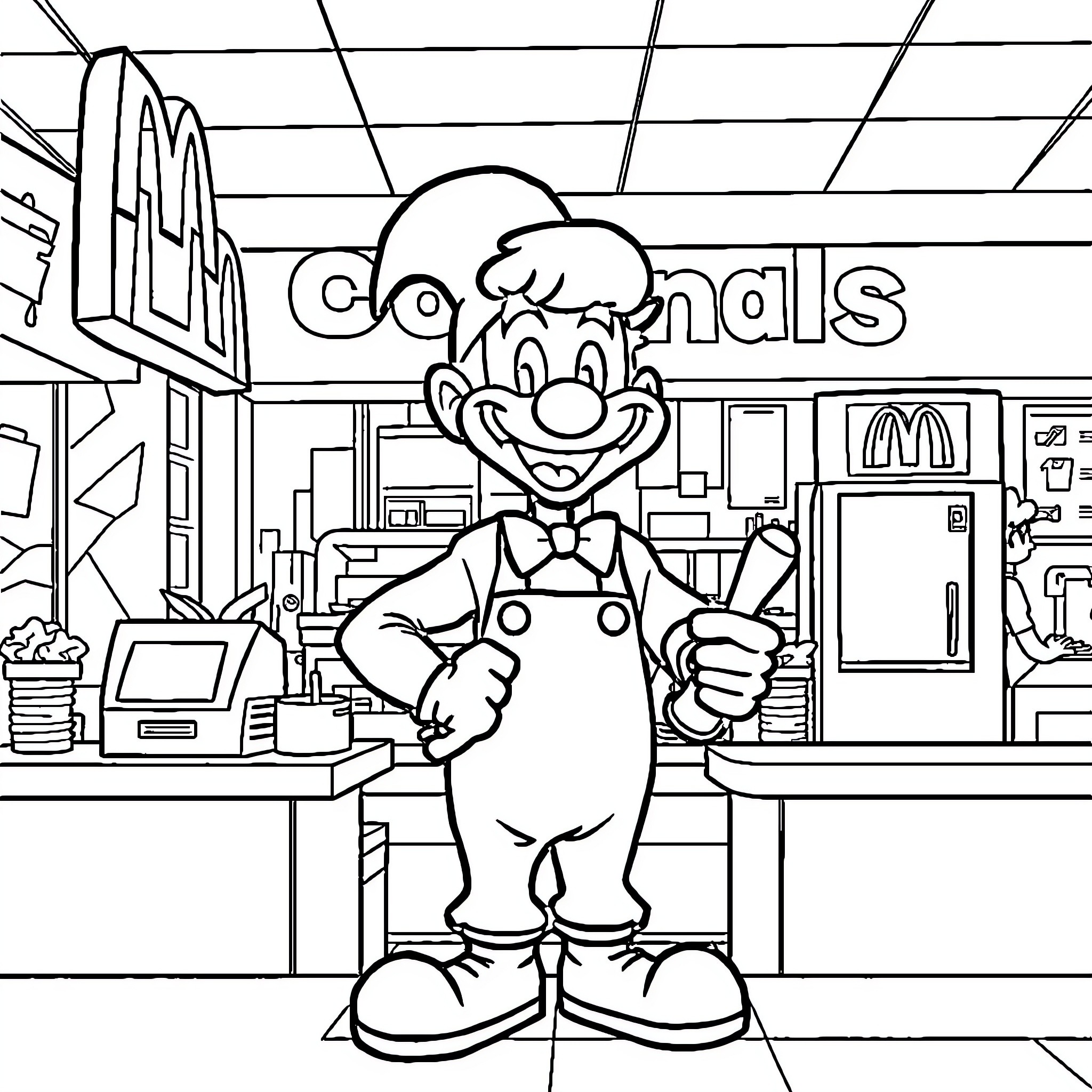 Dandy Character Working at Fast Food Establishment Coloring Page (free black-and-white line drawing printable PDF for all, from beginners to advanced learners, including children, teens, adults, and seniors)