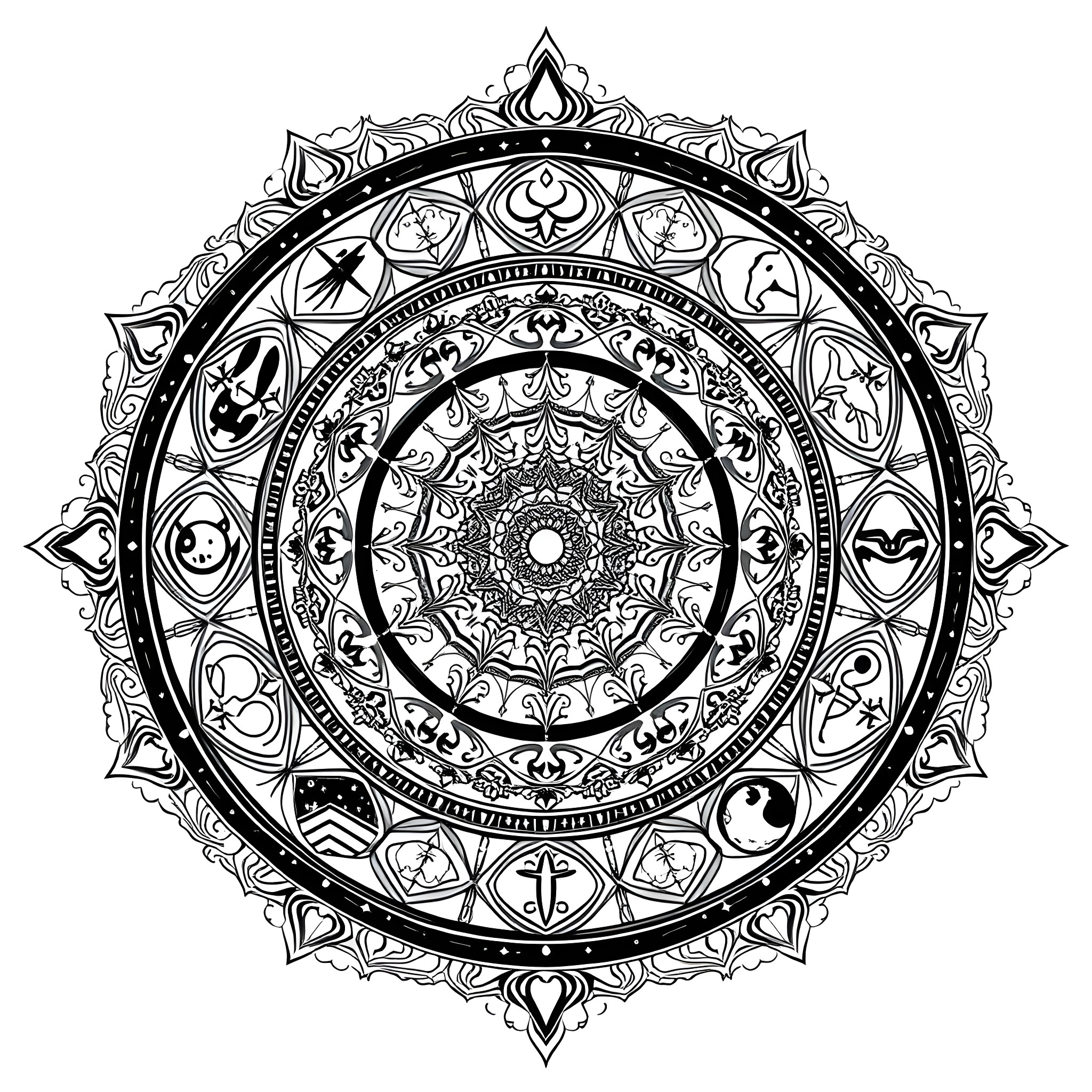Astrology Mandala with Intricate Patterns and Symbols Coloring Page (free black-and-white line drawing printable PDF for all, from beginners to advanced learners, including children, teens, adults, and seniors)