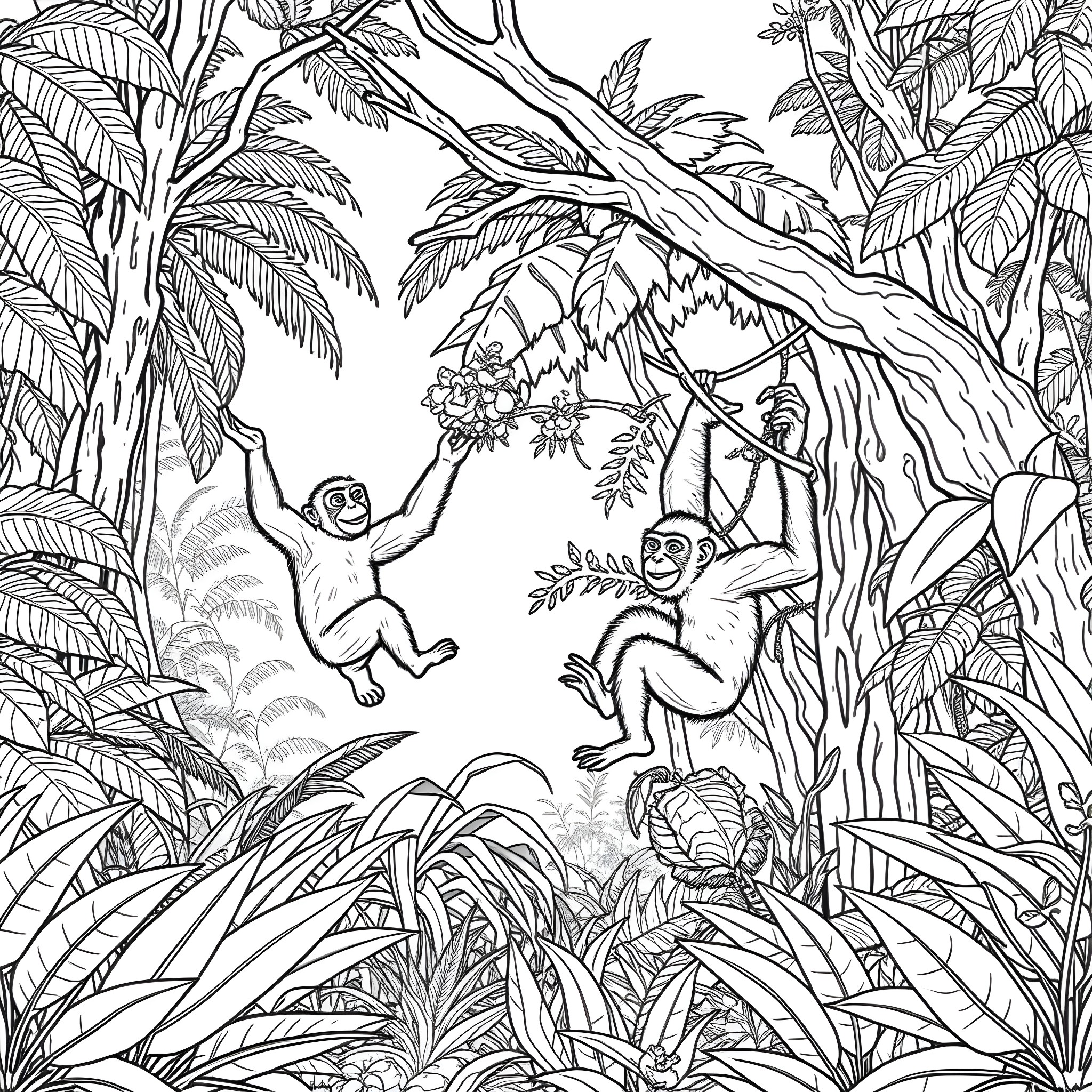 Ape swinging playfully in lush tropical jungle Coloring Page (free black-and-white line drawing printable PDF for all, from beginners to advanced learners, including children, teens, adults, and seniors)