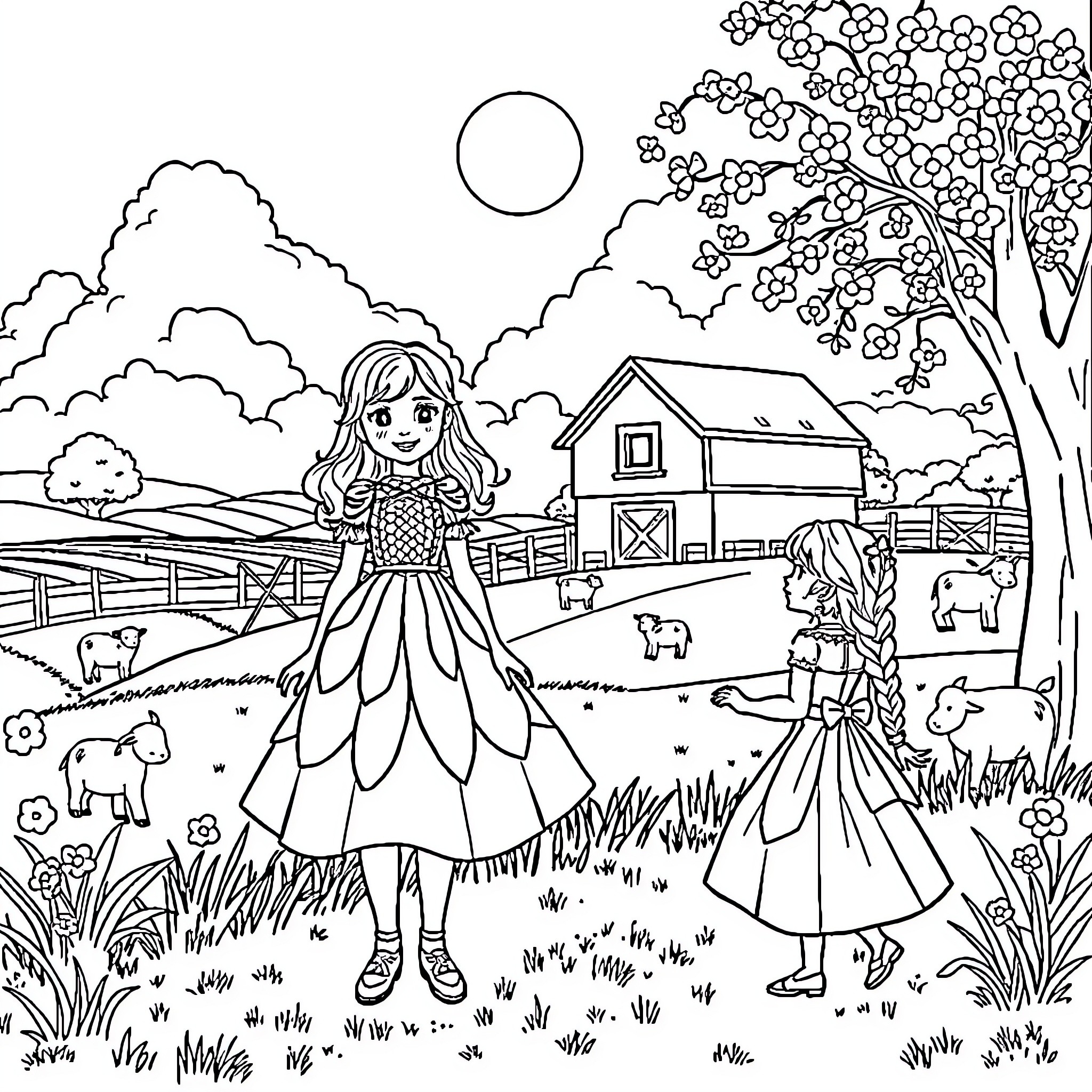 Girl playing cheerfully in the countryside Coloring Page (free black-and-white line drawing printable PDF for all, from beginners to advanced learners, including children, teens, adults, and seniors)