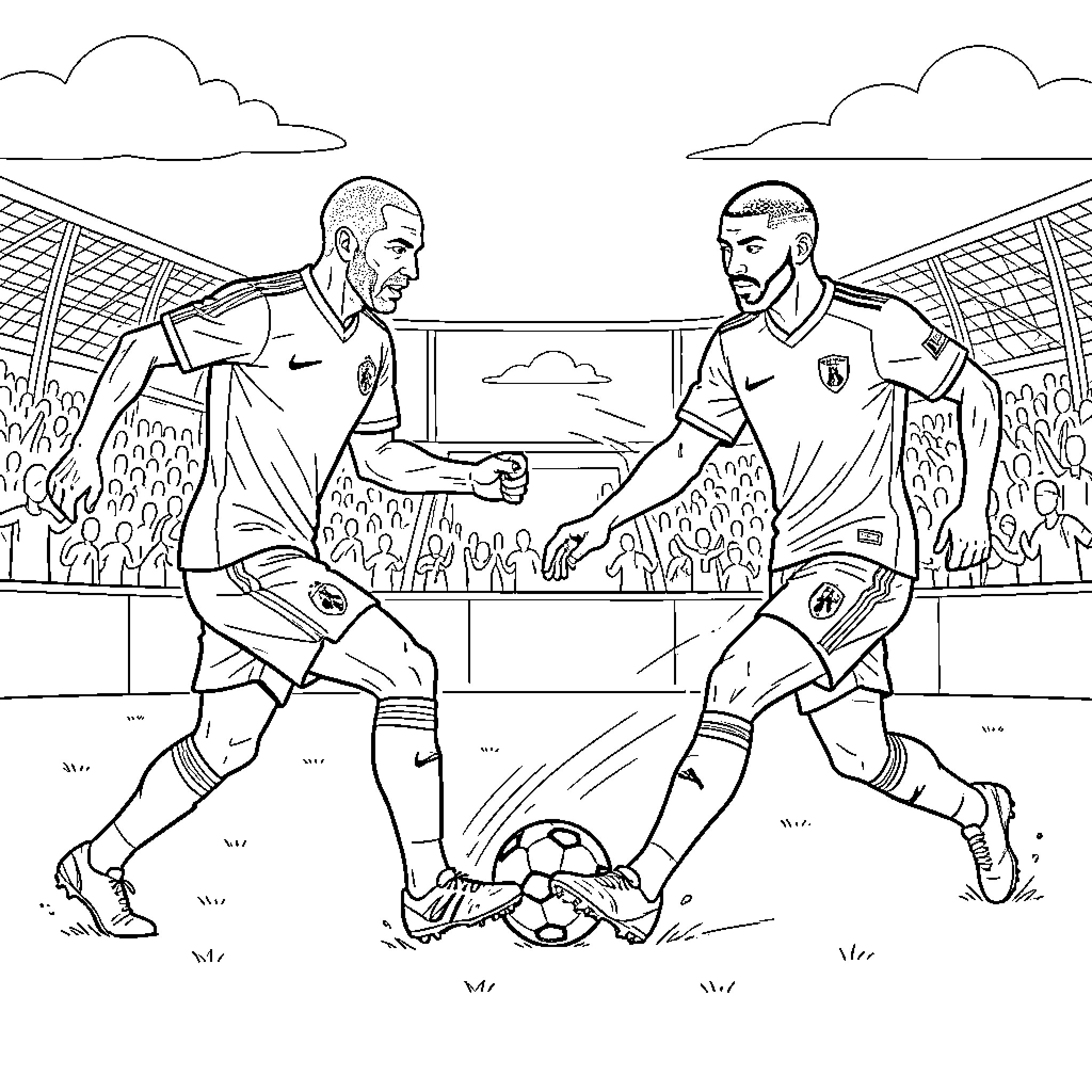 Zinedine Zidane competing for a soccer ball in a stadium Coloring Page (free black-and-white line drawing printable PDF for all, from beginners to advanced learners, including children, teens, adults, and seniors)