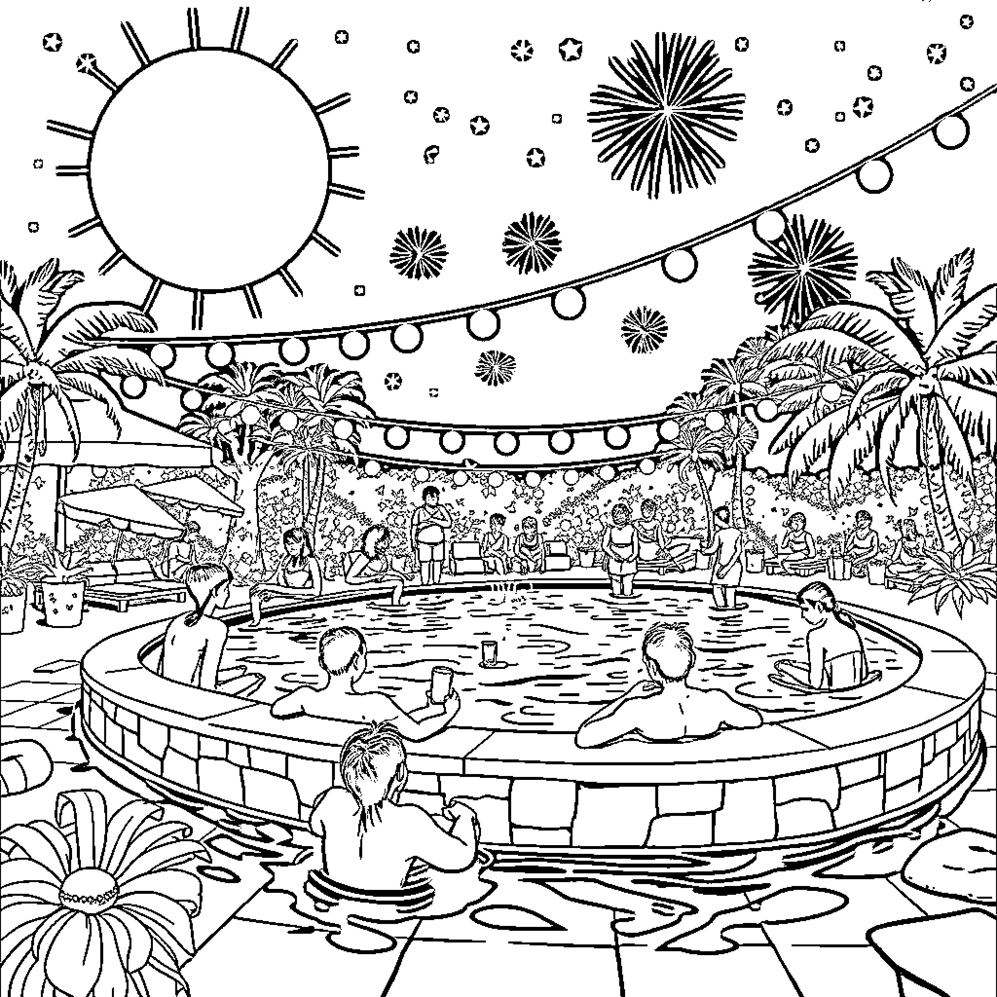 Fiesta of Festive Celebration by the Pool Coloring Page (free black-and-white line drawing printable PDF for all, from beginners to advanced learners, including children, teens, adults, and seniors)