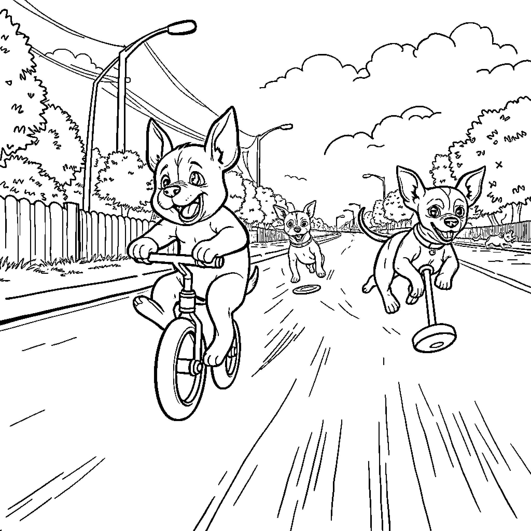 Pitbull pups riding bicycles and playing outdoors Coloring Page (free black-and-white line drawing printable PDF for all, from beginners to advanced learners, including children, teens, adults, and seniors)
