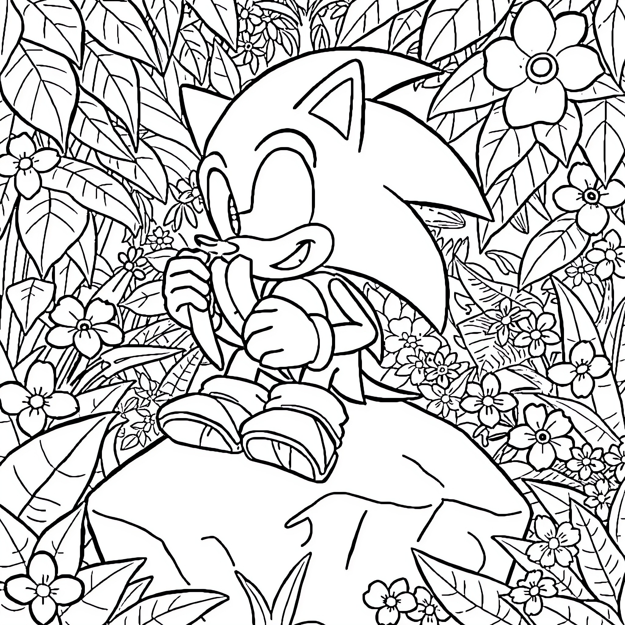 Sonic the Hedgehog exploring nature's wonders Coloring Page (free black-and-white line drawing printable PDF for all, from beginners to advanced learners, including children, teens, adults, and seniors)
